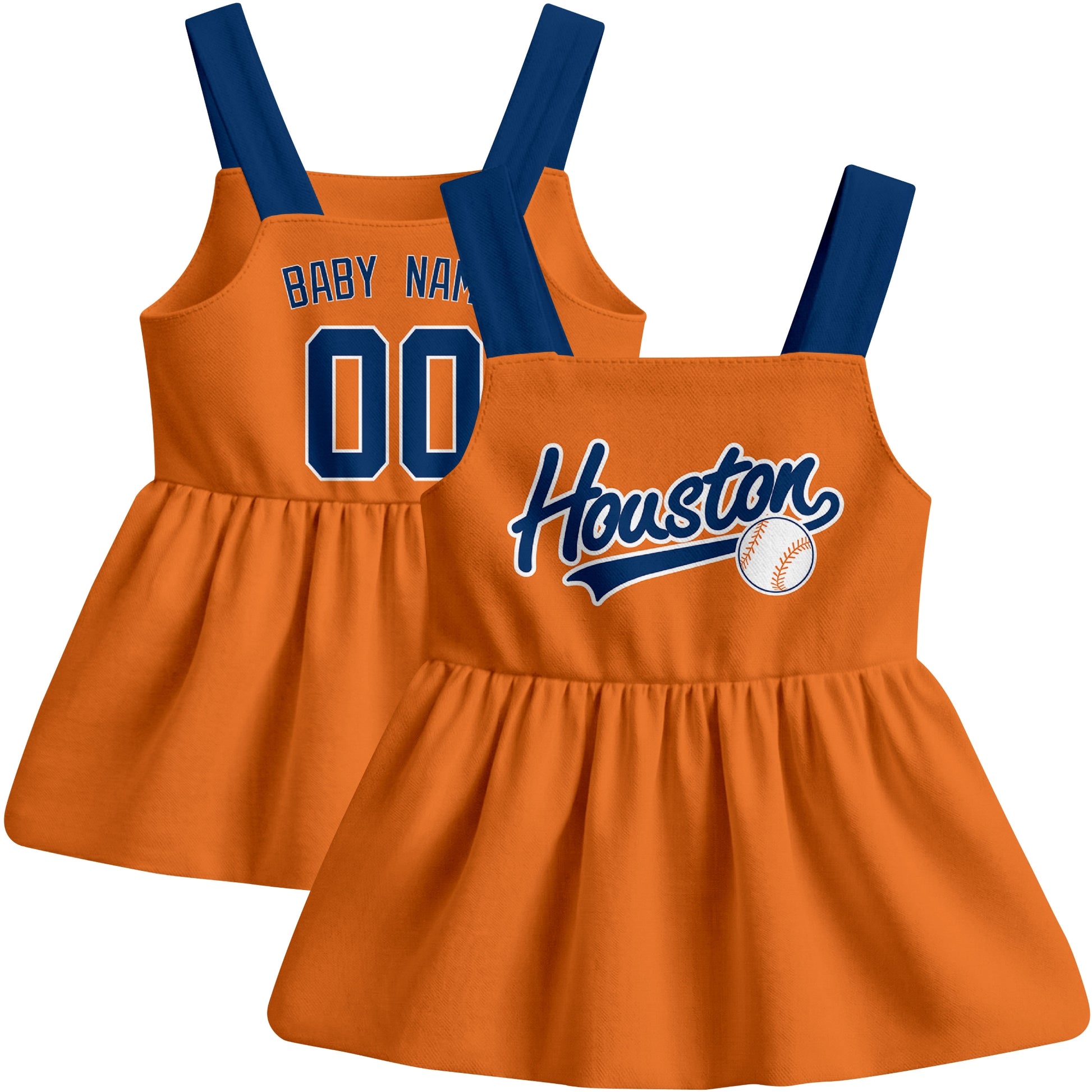Orange Houston-inspired baseball baby strap dress front and back view with custom name and number