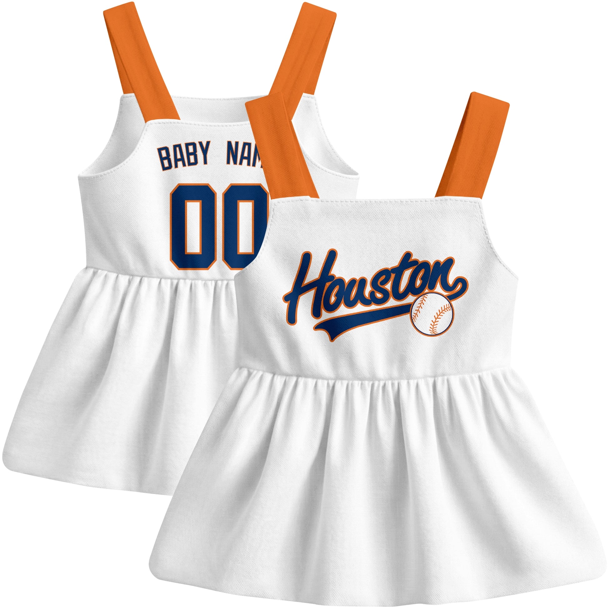White Houston-inspired baseball baby strap dress front and back view with custom name and number