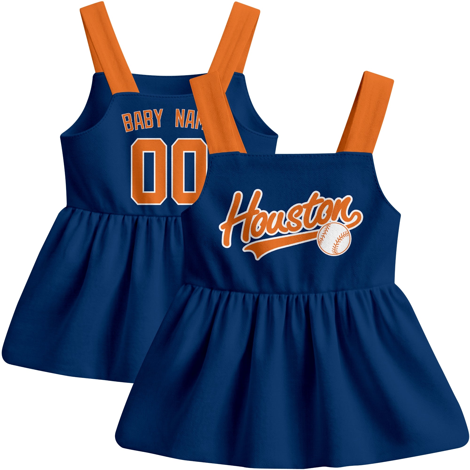 Navy Houston-inspired baseball baby strap dress front and back view with custom name and number