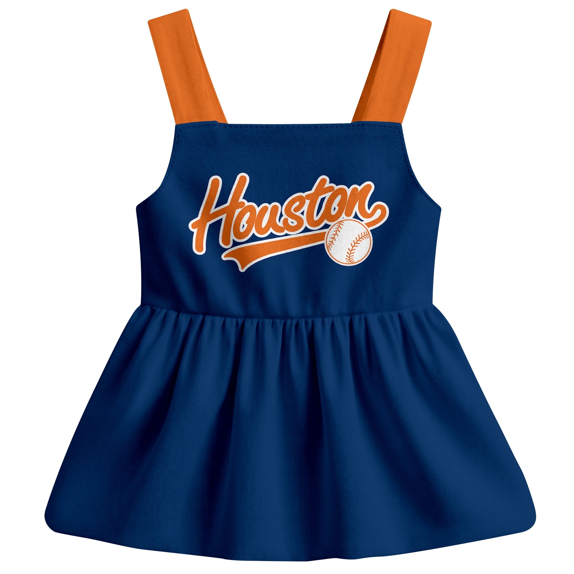 Navy Houston-inspired baseball baby strap dress front view with bold baseball graphic