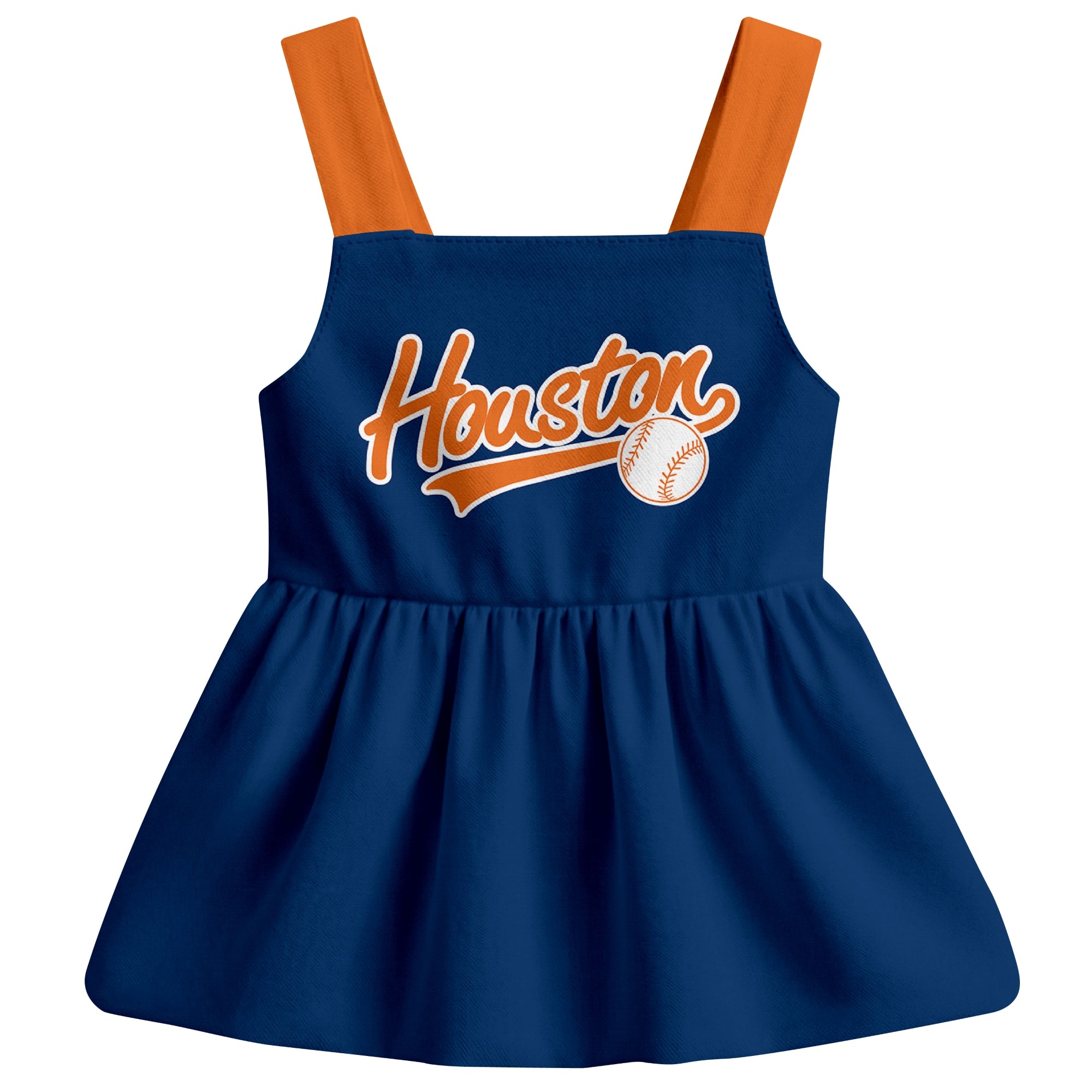 Navy Houston-inspired baseball baby strap dress front view with bold baseball graphic
