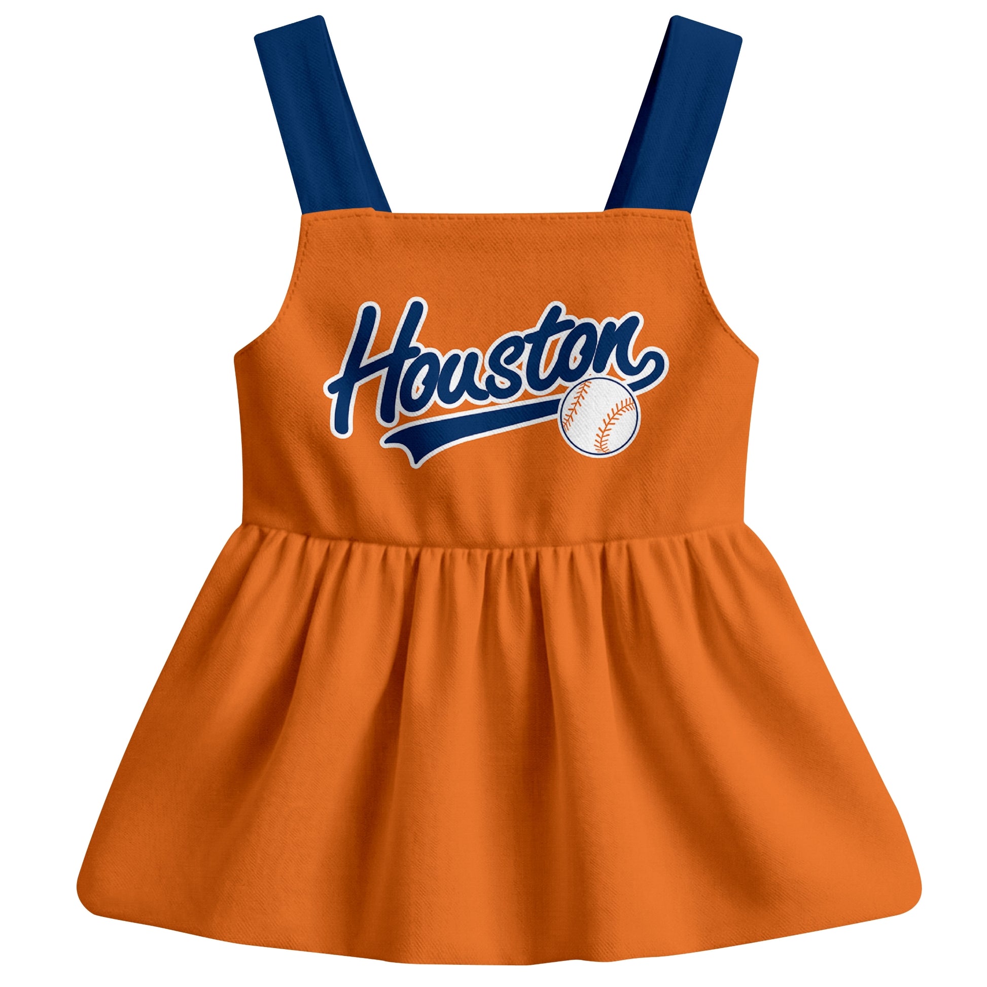 Orange Houston-inspired baseball baby strap dress front view with bold baseball graphic