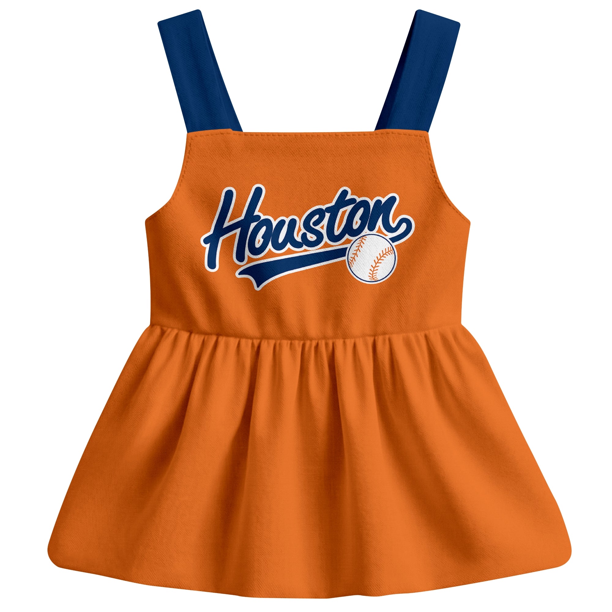 Orange Houston-inspired baseball baby strap dress front view with bold baseball graphic
