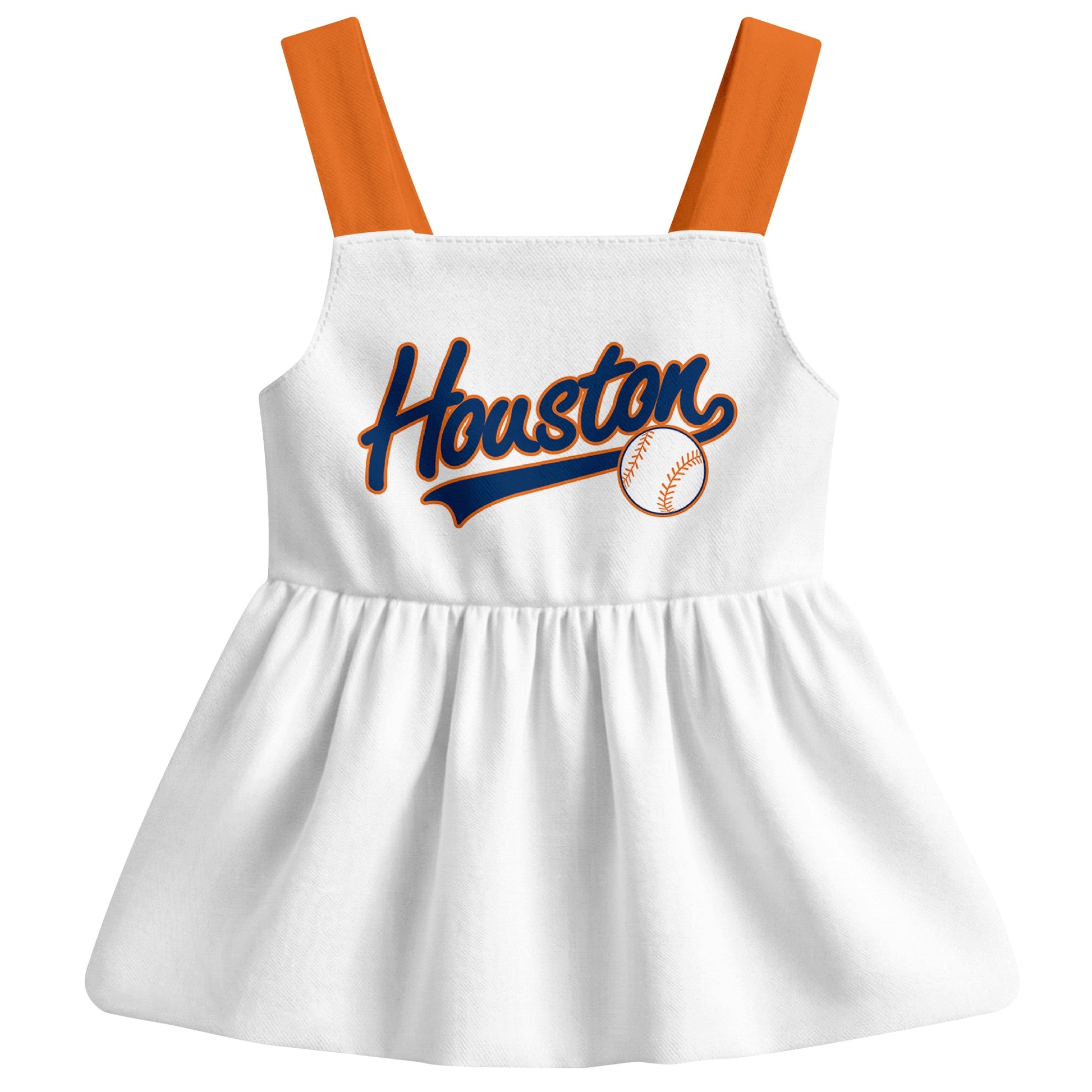 White Houston-inspired baseball baby strap dress front view with bold baseball graphic
