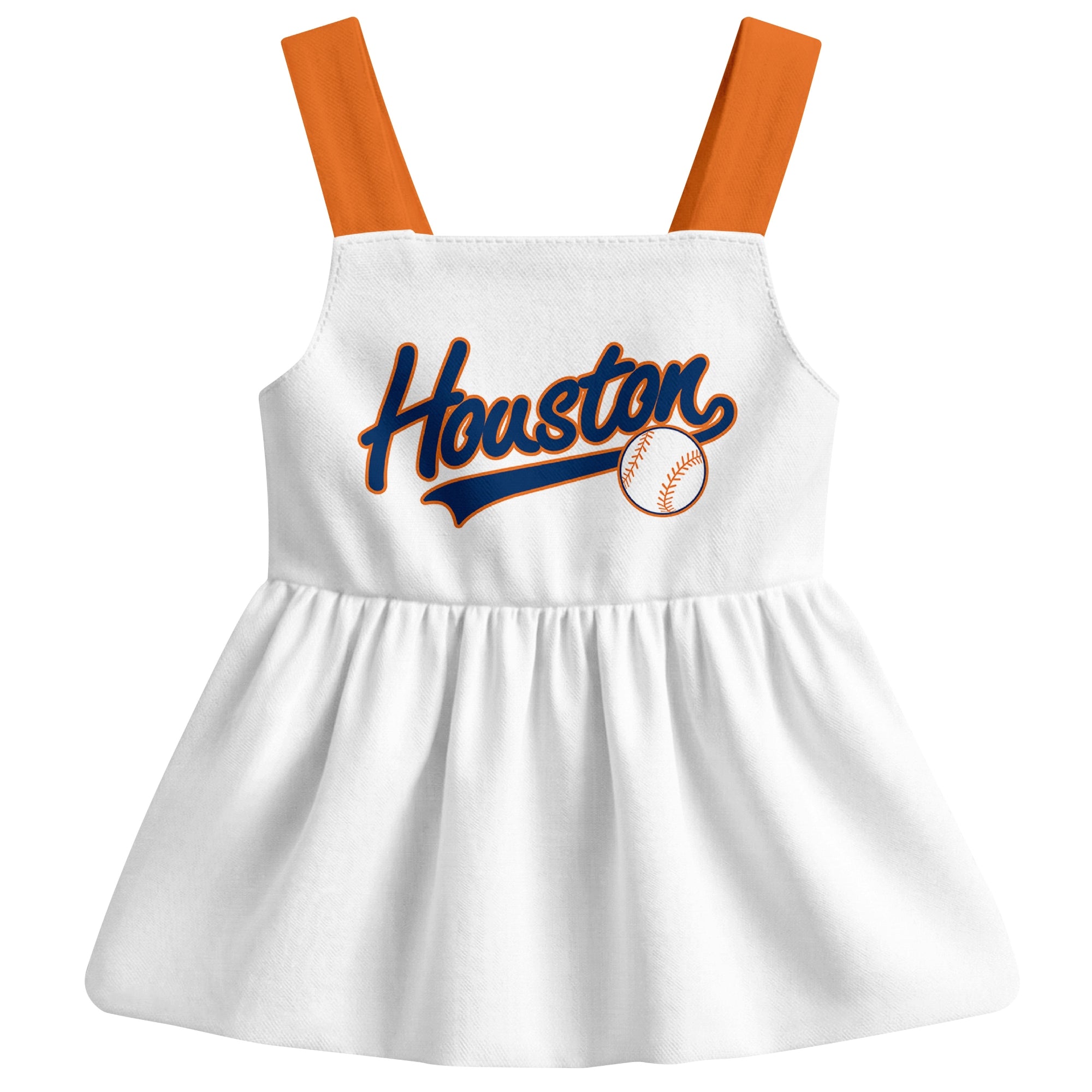 White Houston-inspired baseball baby strap dress front view with bold baseball graphic