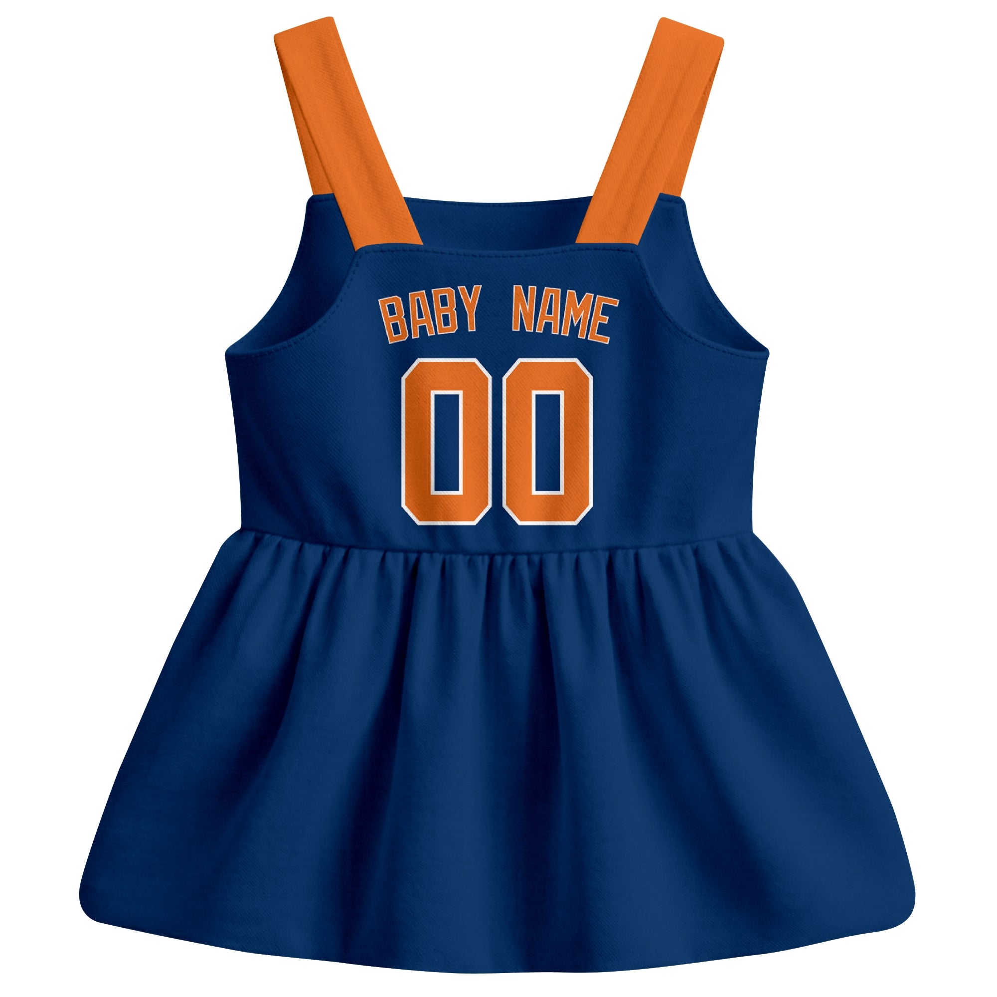 Navy Houston-inspired baseball baby strap dress back view with custom baby name and number