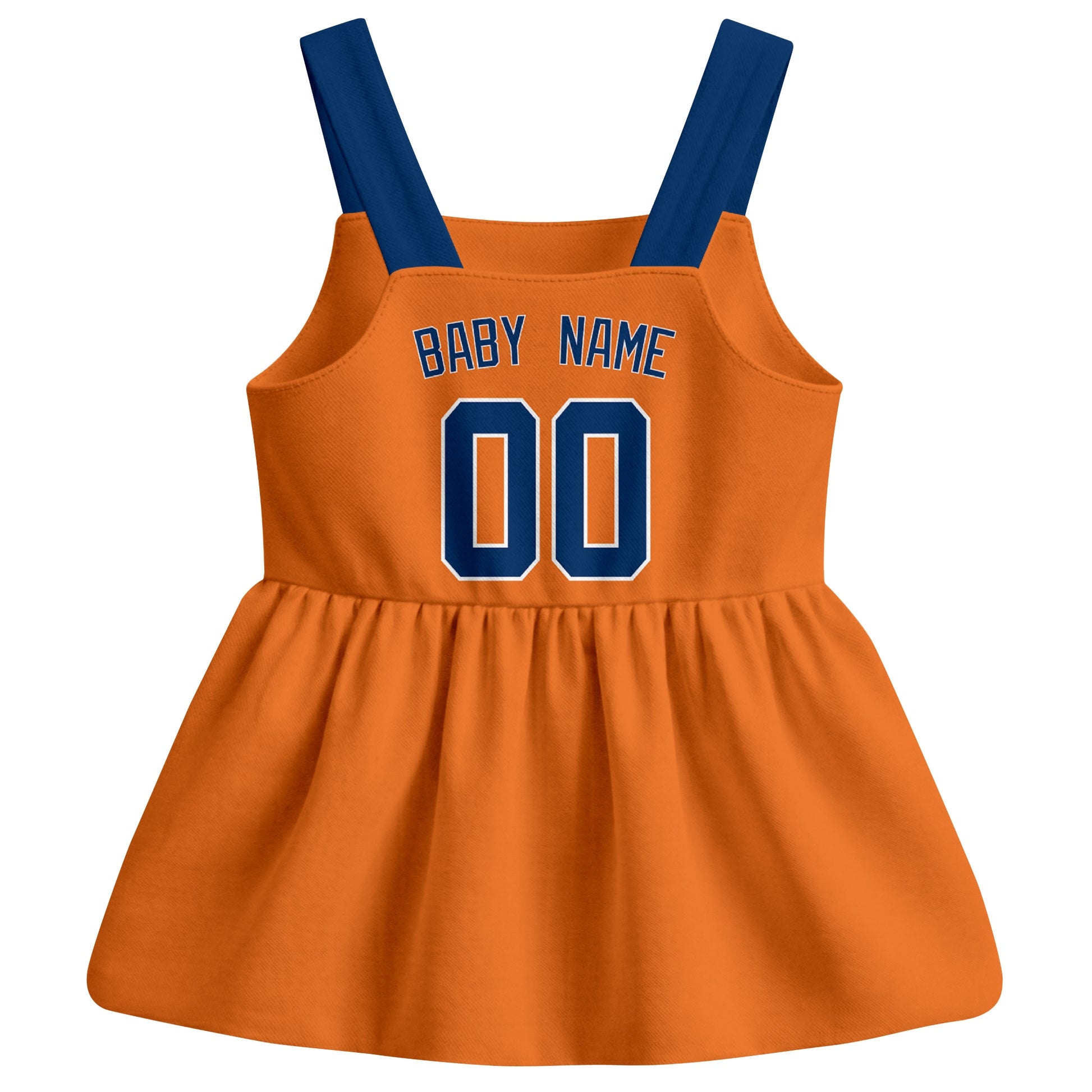 Orange Houston-inspired baseball baby strap dress back view with custom baby name and number