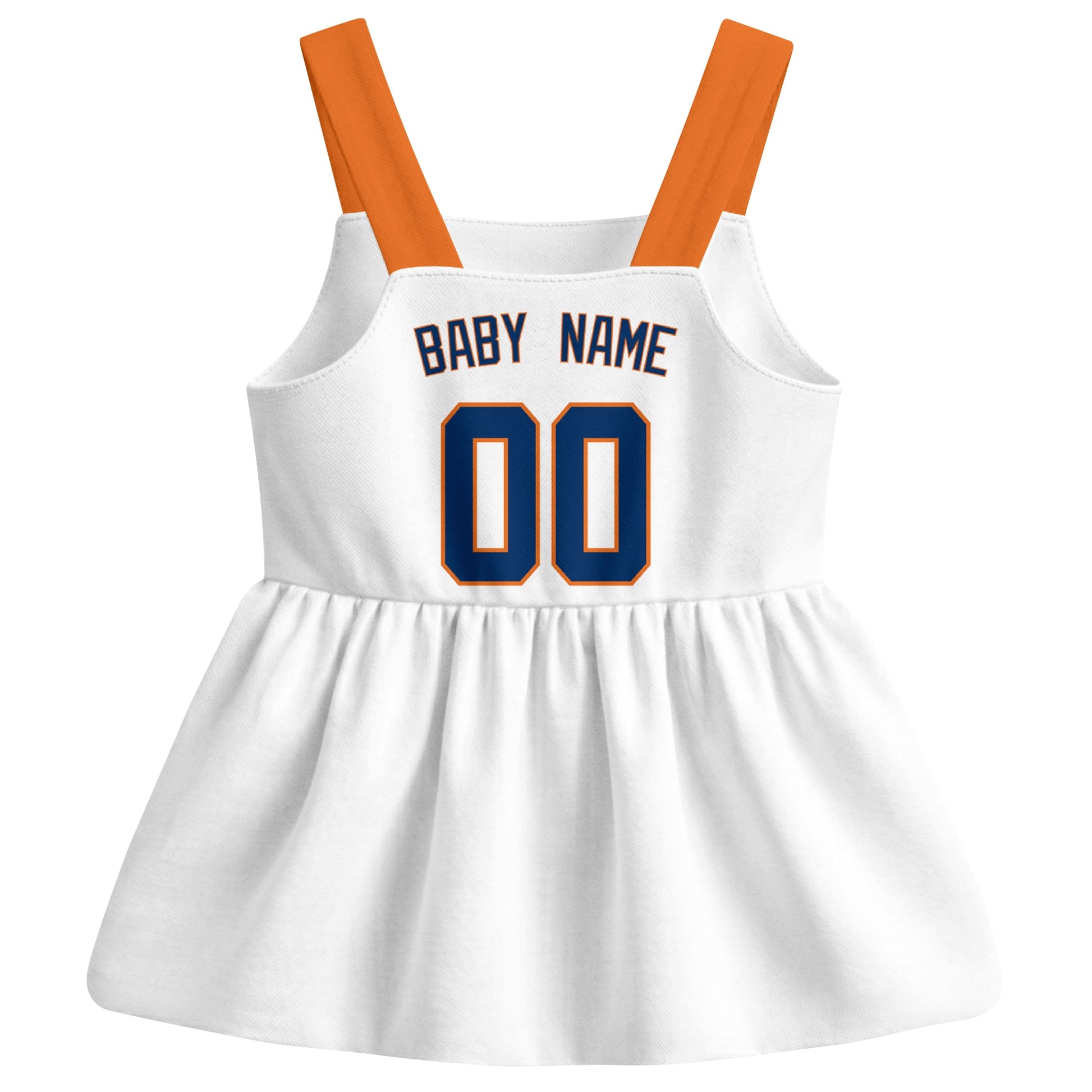 White Houston-inspired baseball baby strap dress back view with custom baby name and number