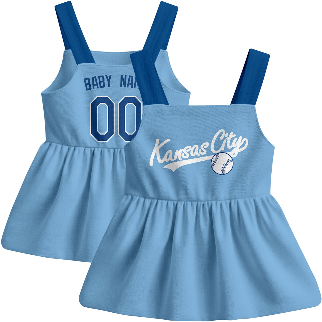 Kansas C-inspired baseball baby strap dress modeled in Royal, with Royal and White front designs shown