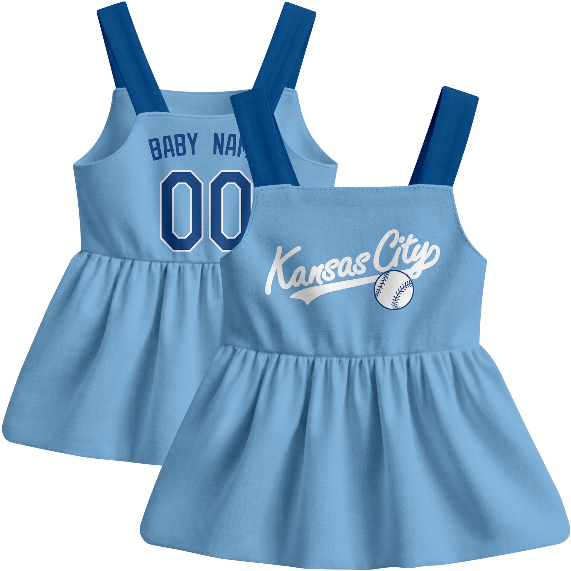 Light Blue Kansas C-inspired baseball baby strap dress front and back view with custom name and number