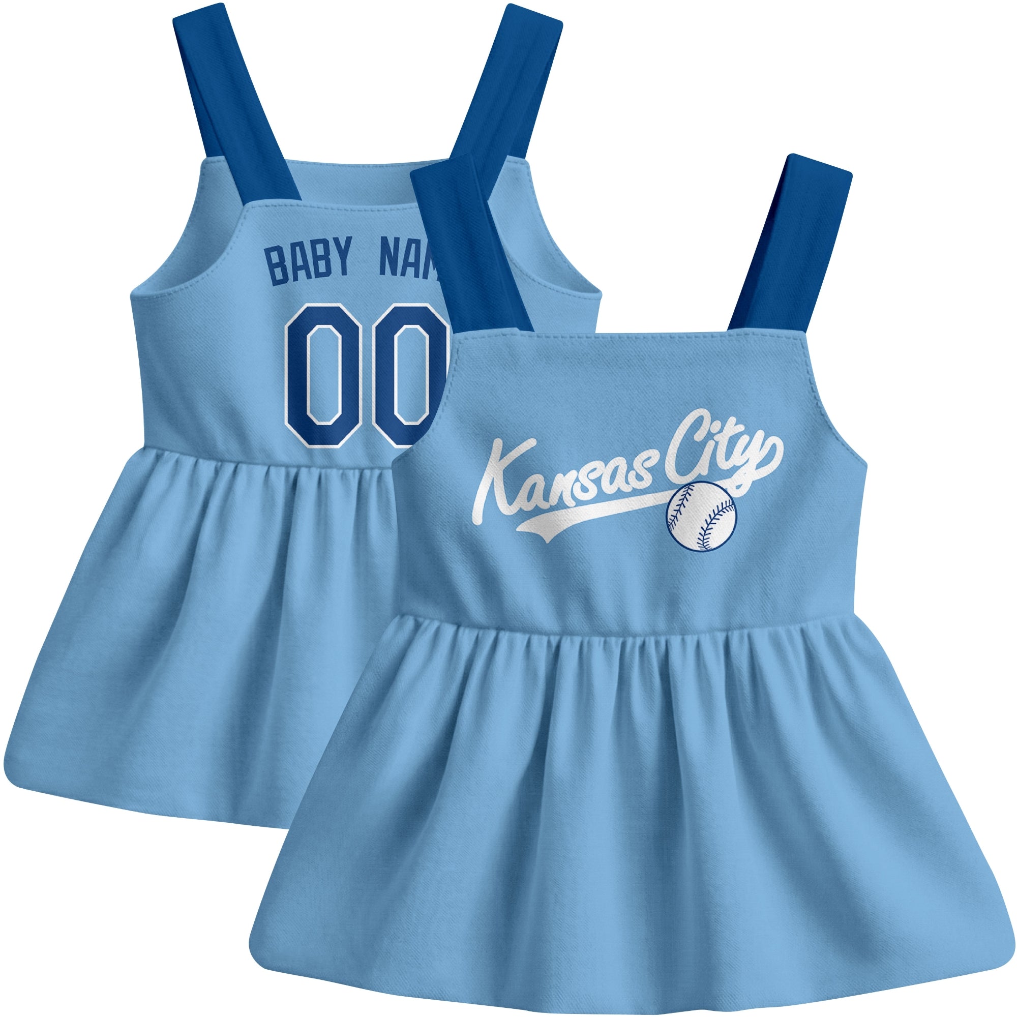 Light Blue Kansas C-inspired baseball baby strap dress front and back view with custom name and number