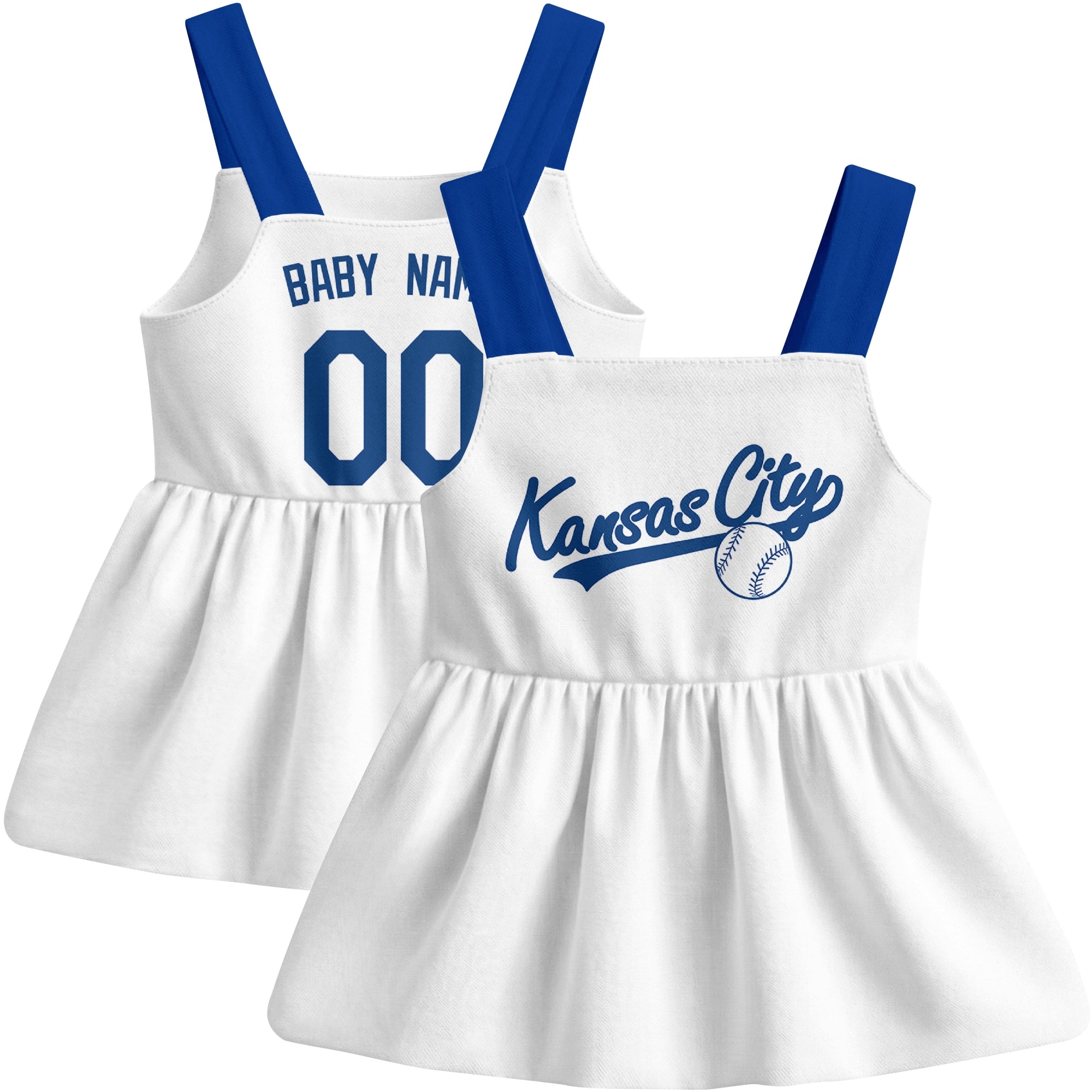 White Kansas C-inspired baseball baby strap dress front and back view with custom name and number
