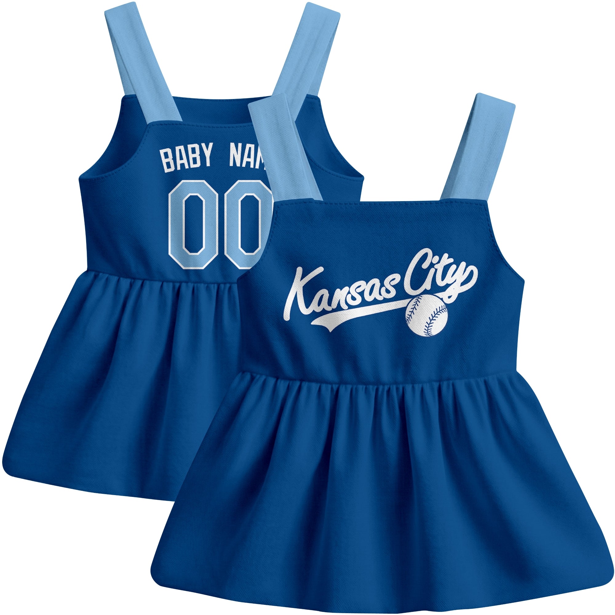 Royal Kansas C-inspired baseball baby strap dress front and back view with custom name and number