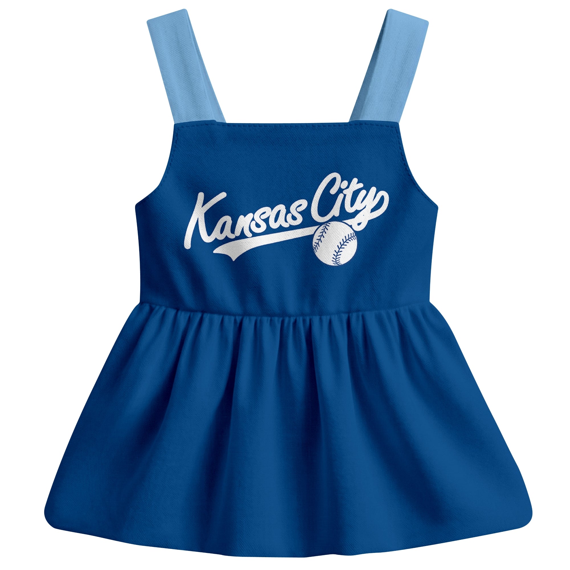 Royal Kansas C-inspired baseball baby strap dress front view with bold baseball graphic