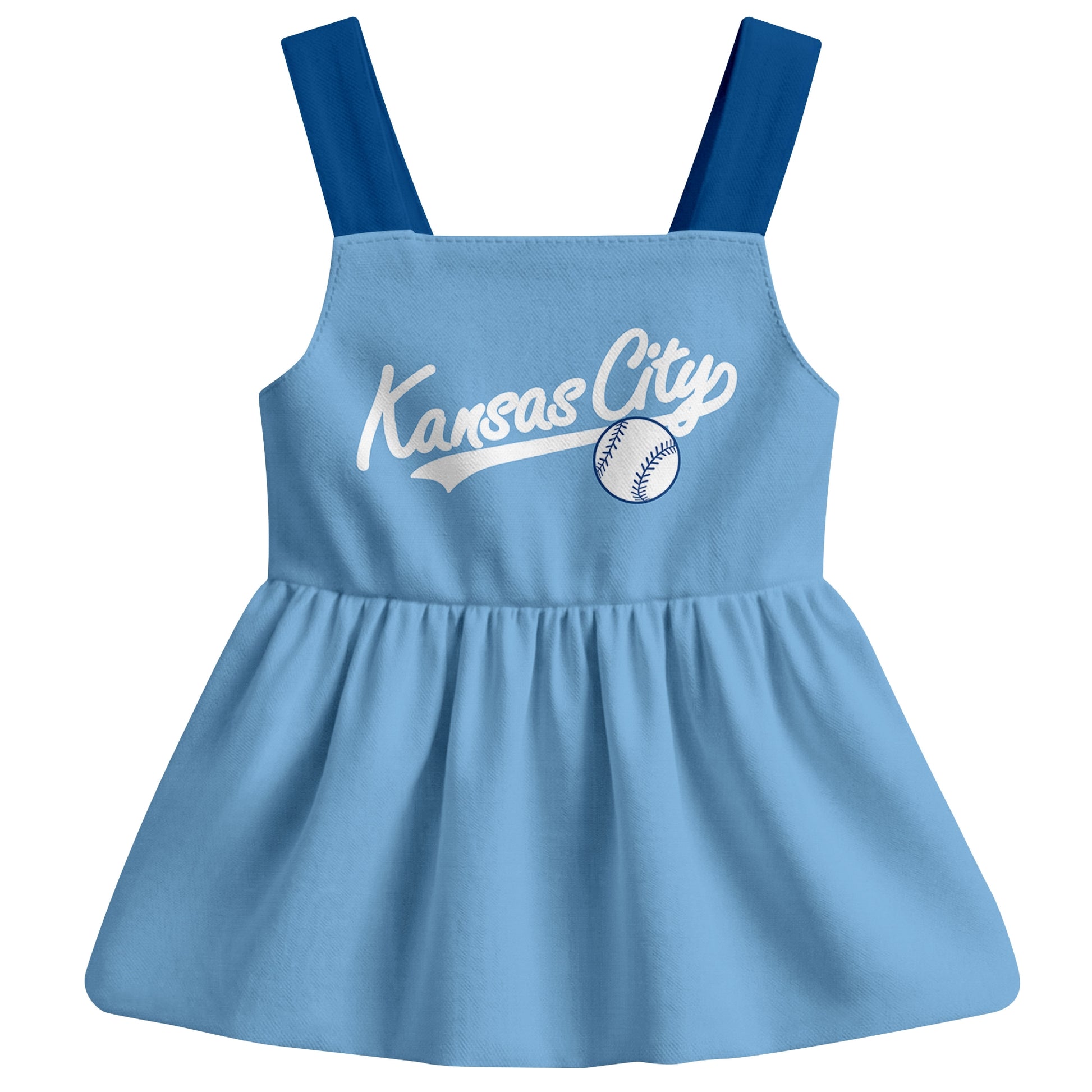 Light Blue Kansas C-inspired baseball baby strap dress front view with bold baseball graphic