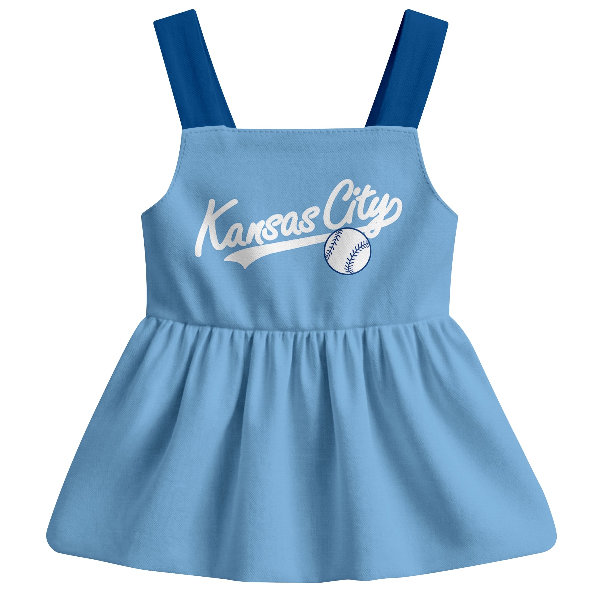 Light Blue Kansas C-inspired baseball baby strap dress front view with bold baseball graphic