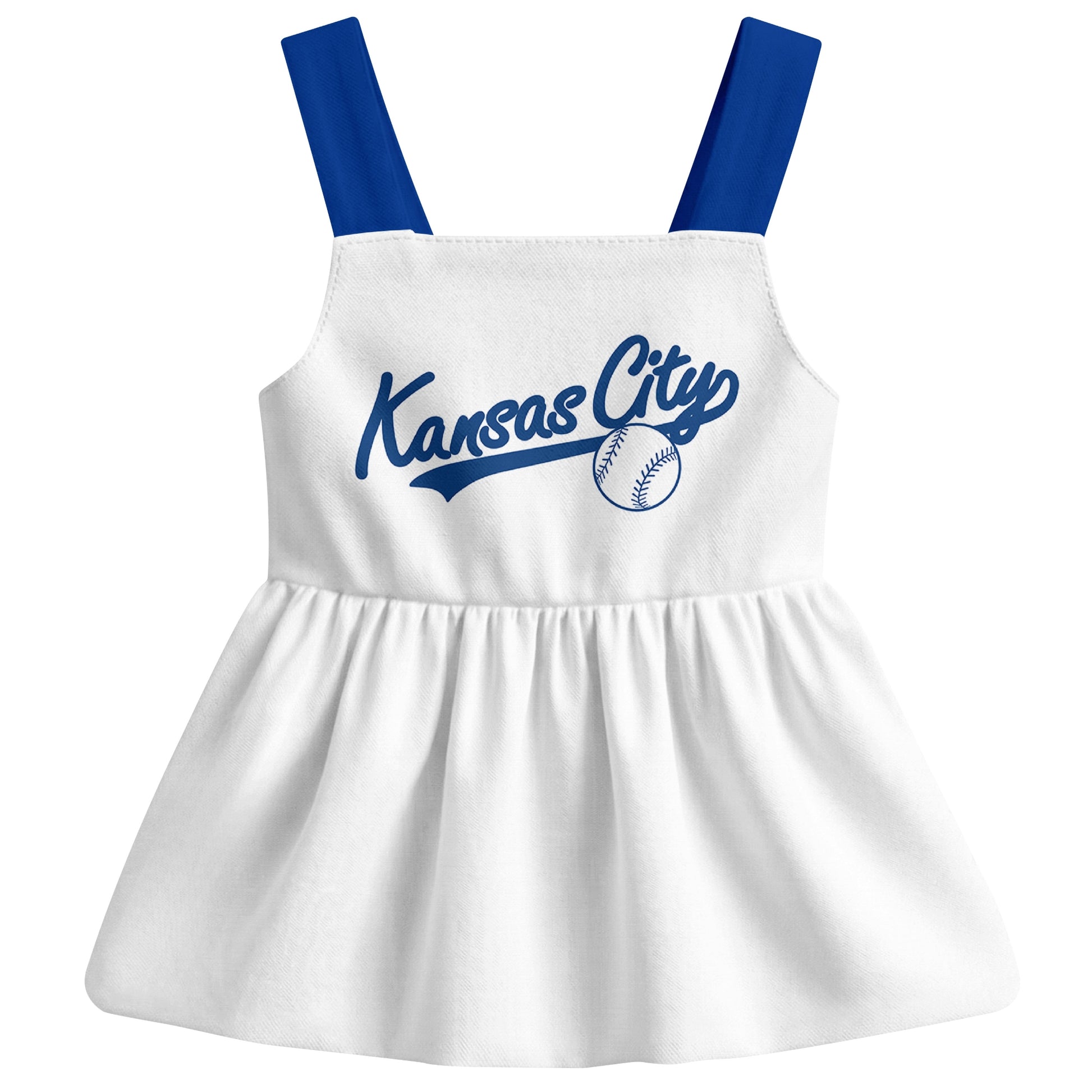 White Kansas C-inspired baseball baby strap dress front view with bold baseball graphic