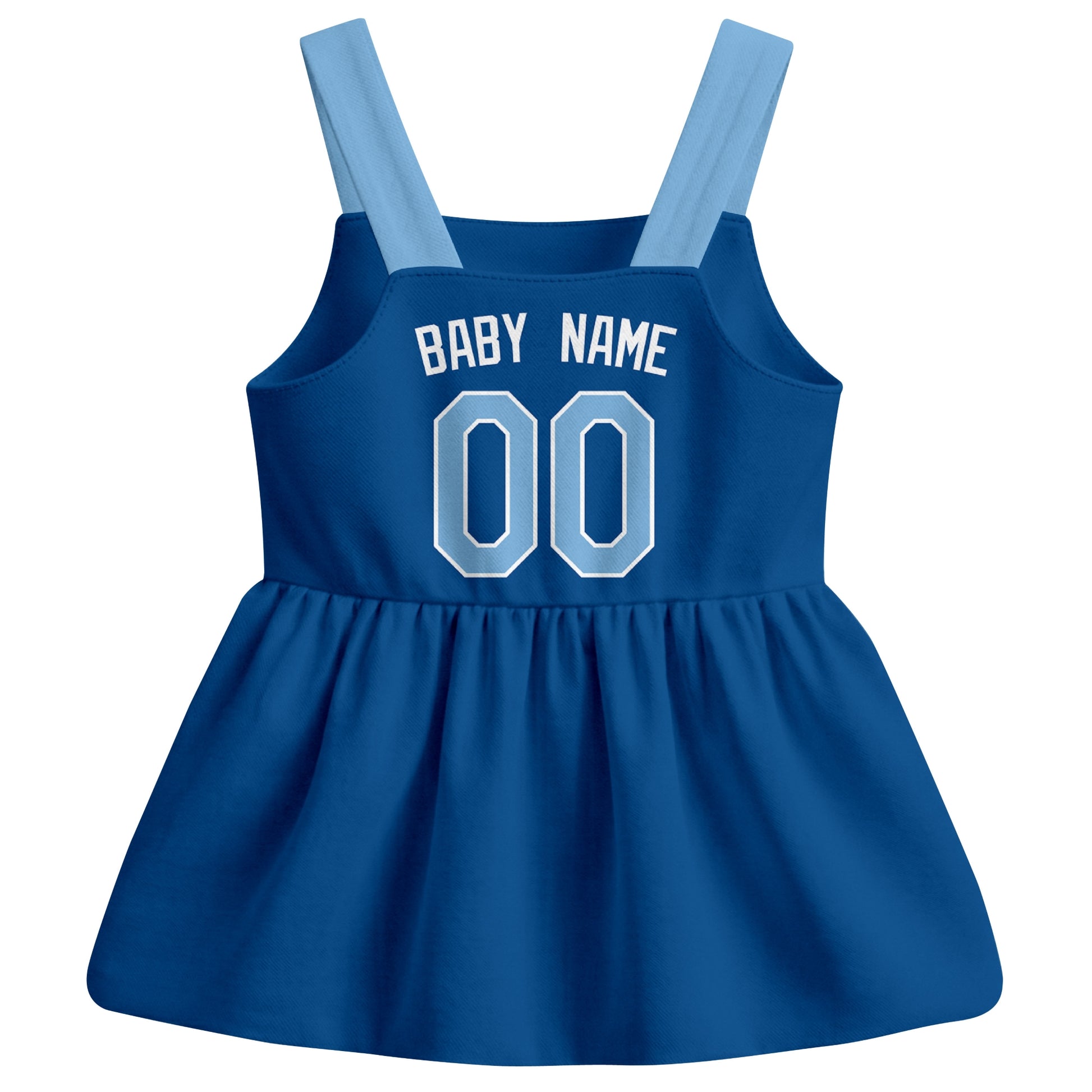 Royal Kansas C-inspired baseball baby strap dress back view with custom baby name and number