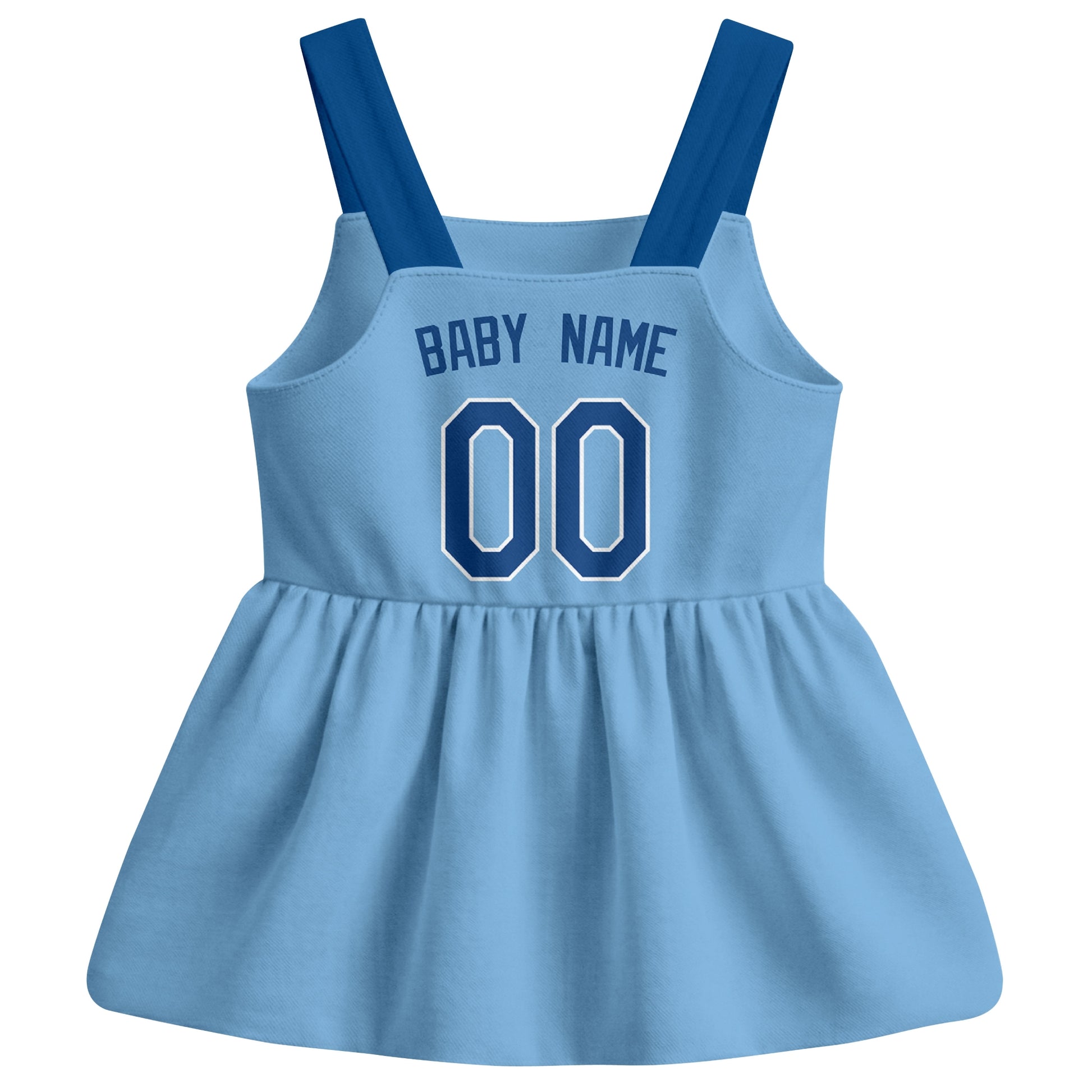 Light Blue Kansas C-inspired baseball baby strap dress back view with custom baby name and number