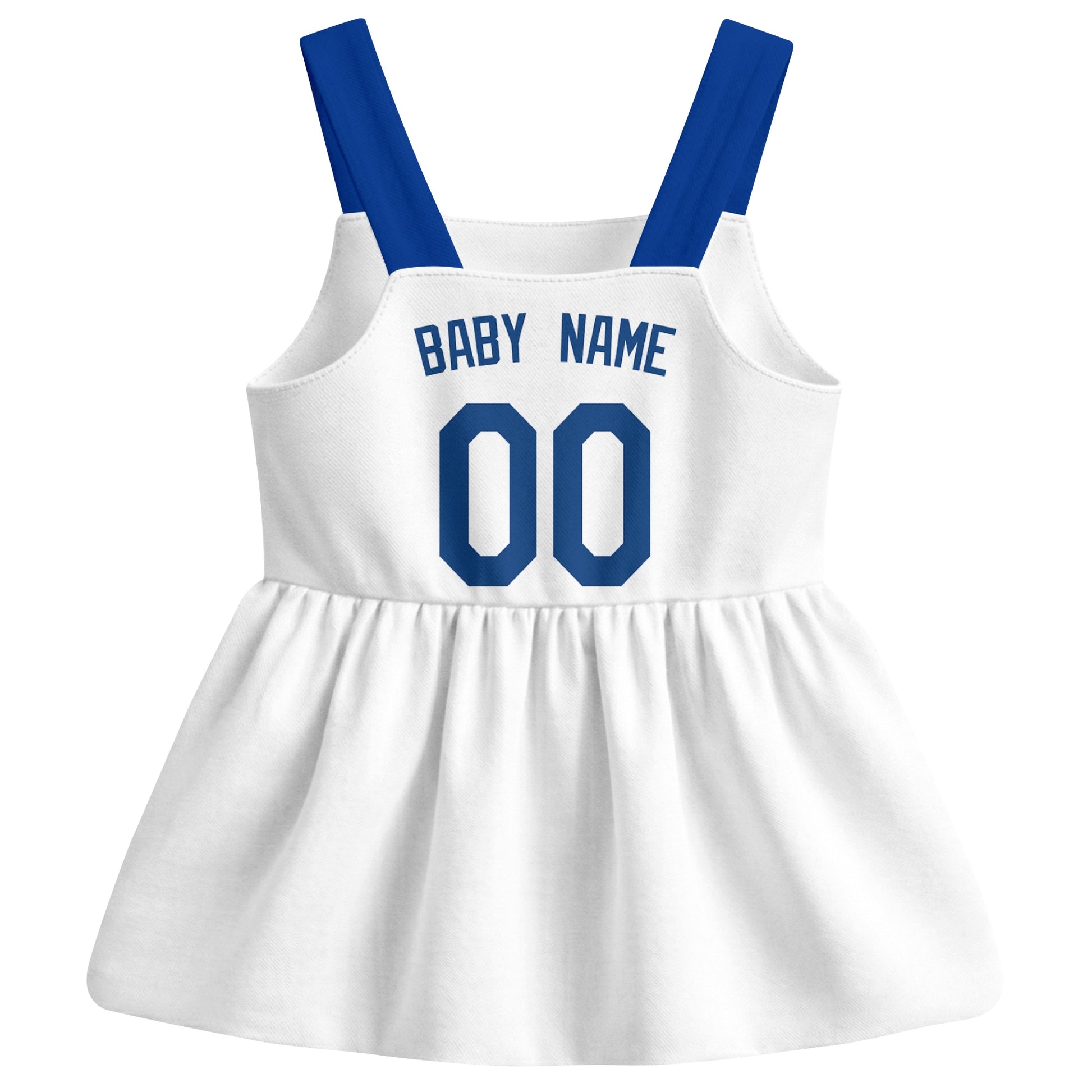 White Kansas C-inspired baseball baby strap dress back view with custom baby name and number