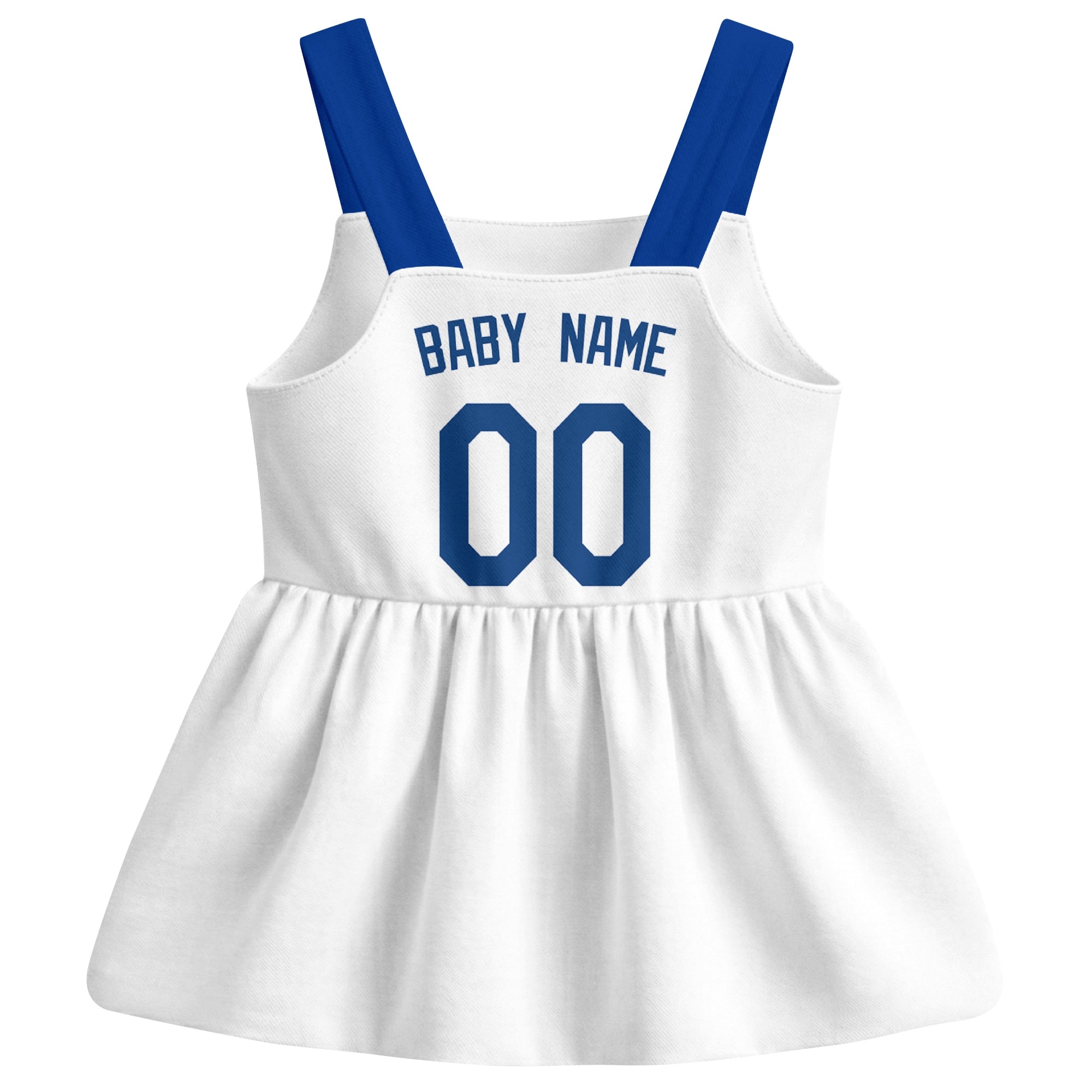 White Kansas C-inspired baseball baby strap dress back view with custom baby name and number