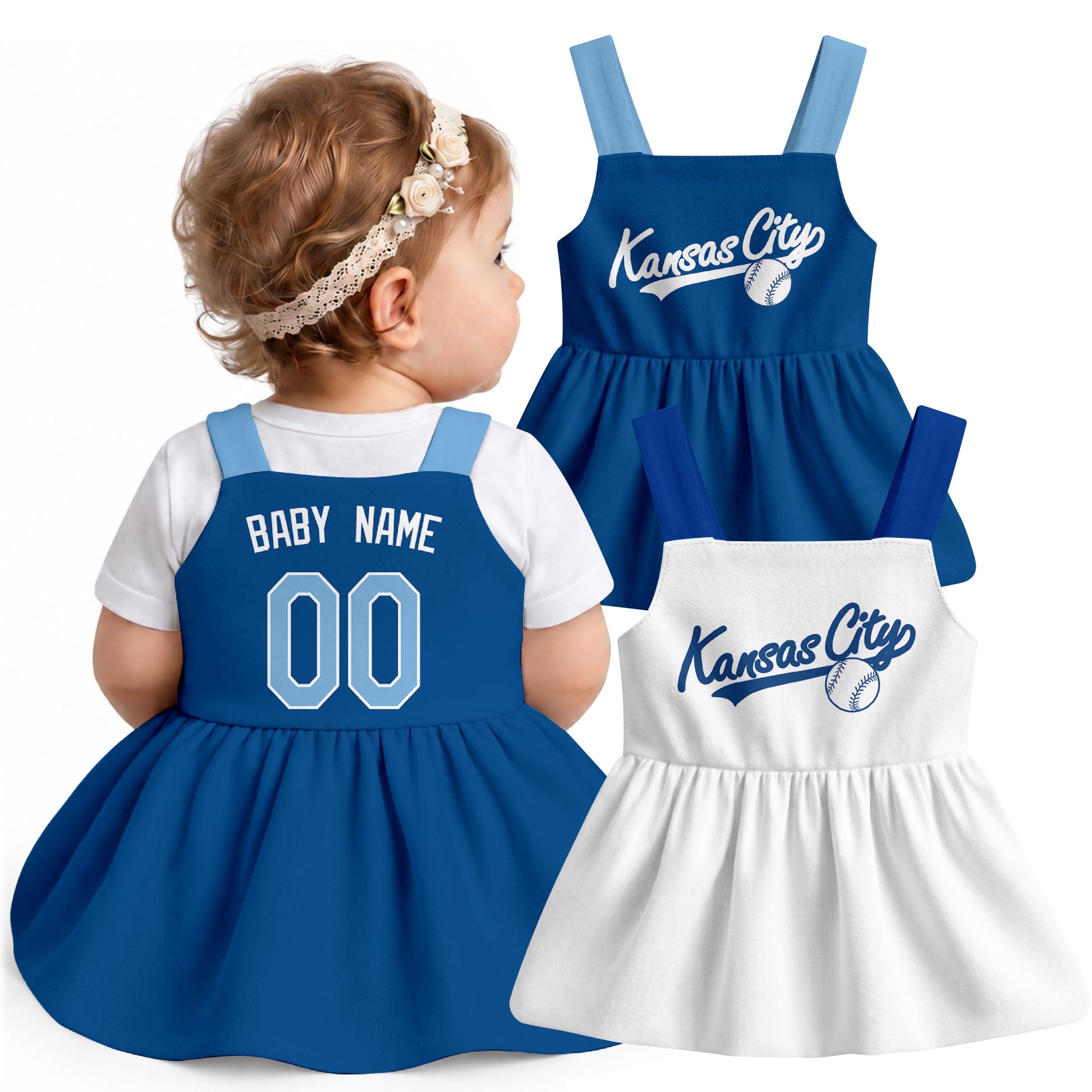 Kansas C-inspired baseball baby strap dress modeled in Royal, with Royal and White front designs shown