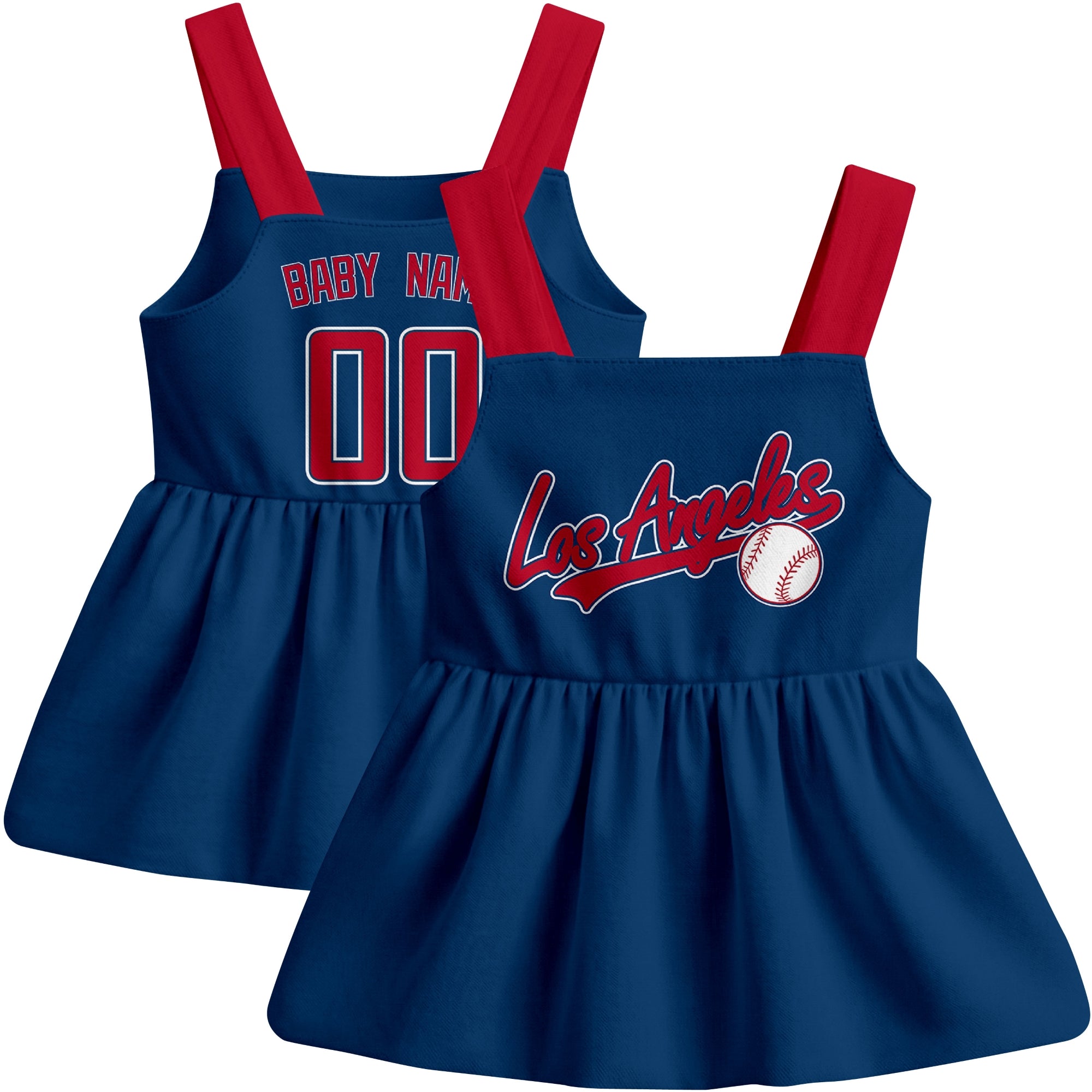 Navy Los Angeles A-inspired baseball baby strap dress front and back view with custom name and number