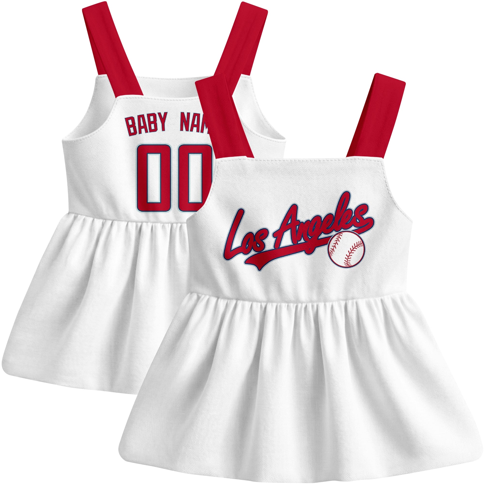 White Los Angeles A-inspired baseball baby strap dress front and back view with custom name and number