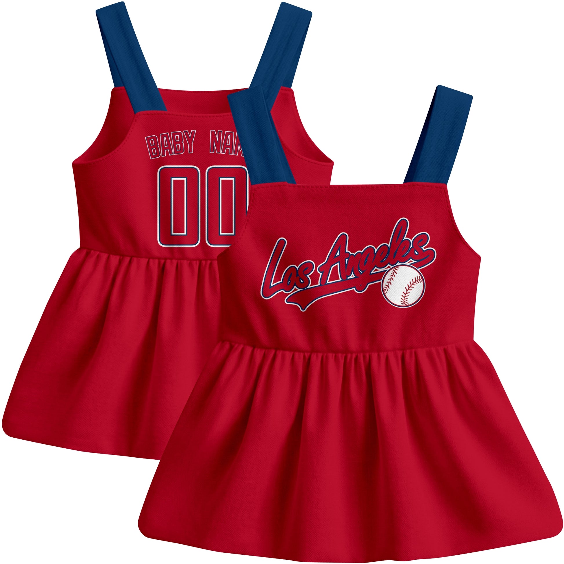 Red Los Angeles A-inspired baseball baby strap dress front and back view with custom name and number
