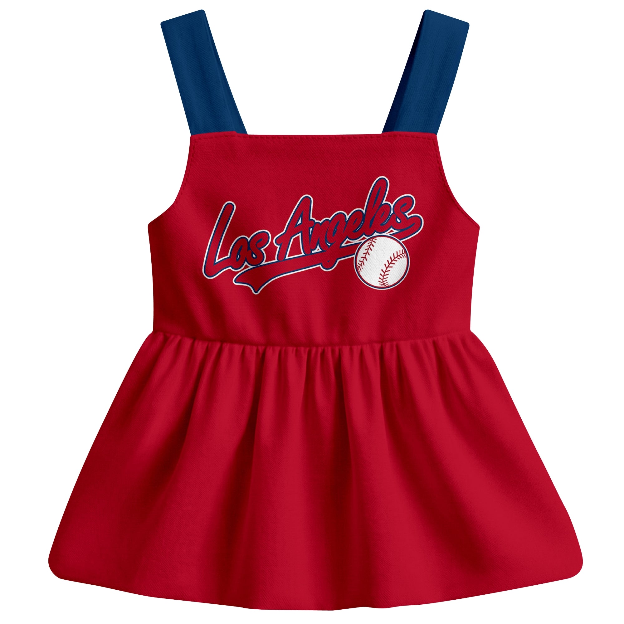 Red Los Angeles A-inspired baseball baby strap dress front view with bold baseball graphic