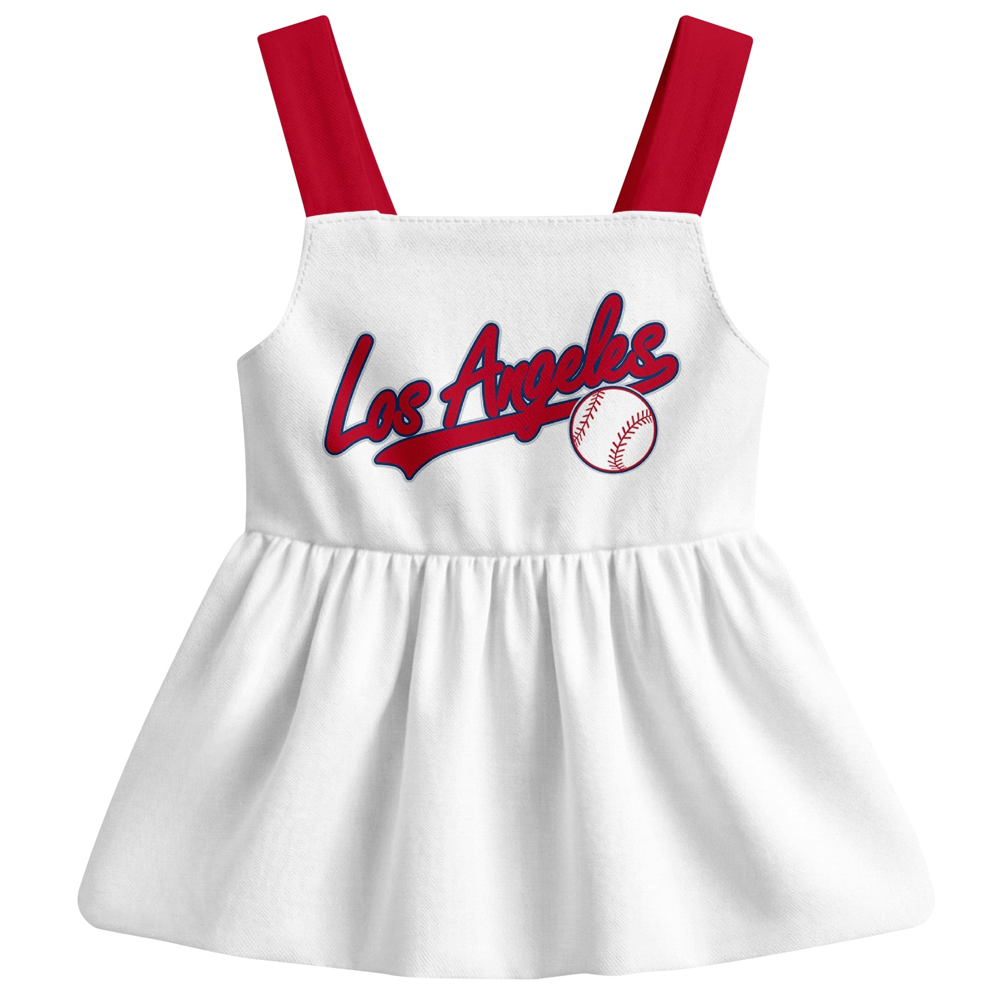 White Los Angeles A-inspired baseball baby strap dress front view with bold baseball graphic