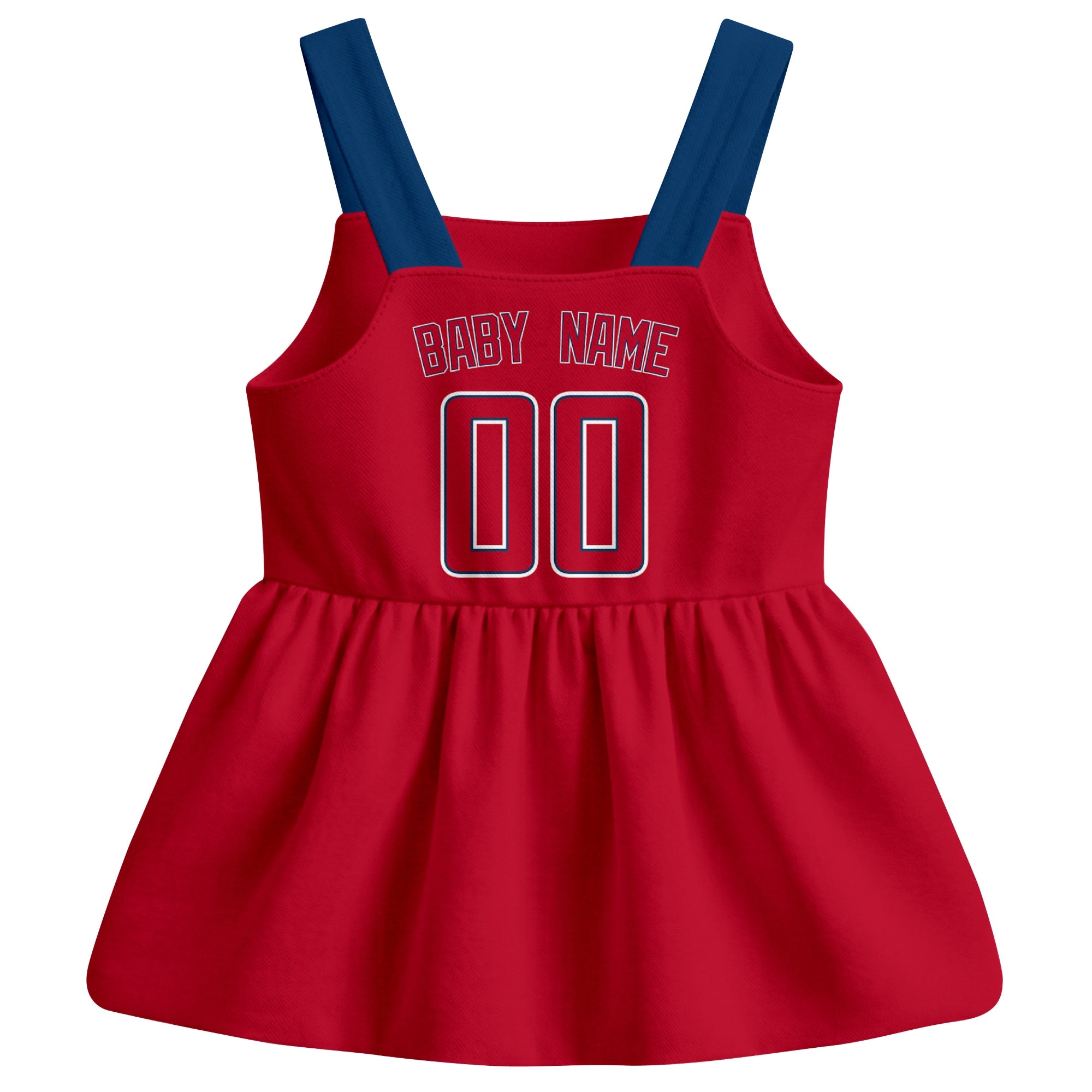 Red Los Angeles A-inspired baseball baby strap dress back view with custom baby name and number