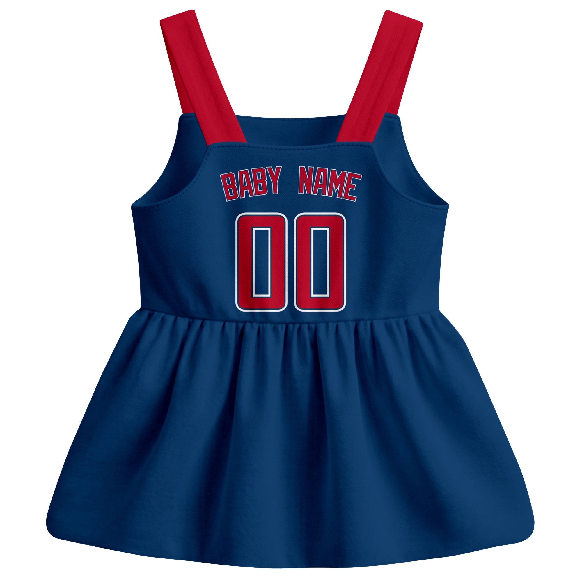 Navy Los Angeles A-inspired baseball baby strap dress back view with custom baby name and number