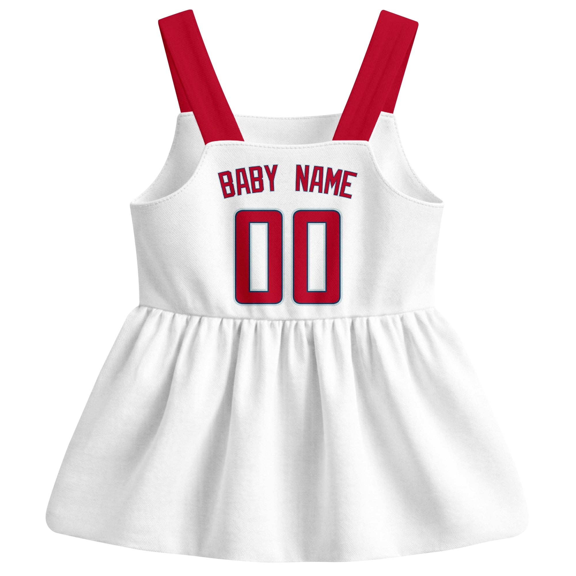 White Los Angeles A-inspired baseball baby strap dress back view with custom baby name and number