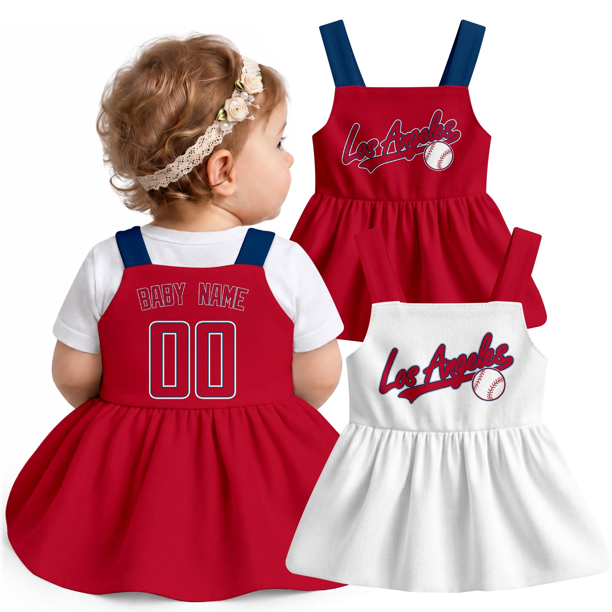 Los Angeles A-inspired baseball baby strap dress modeled in Red, with Red and White front designs shown