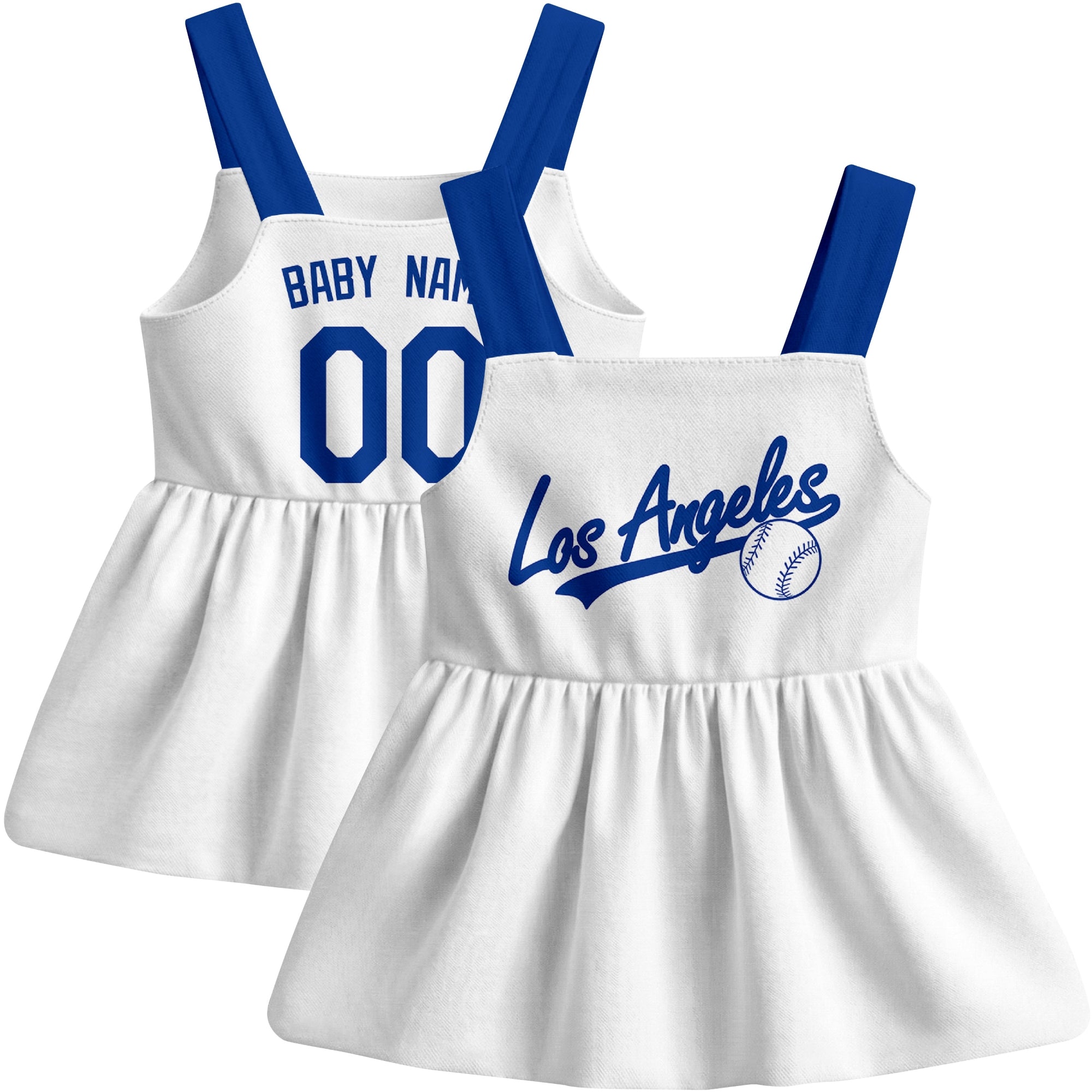 Gray Los Angeles-inspired baseball baby strap dress front and back view with custom name and number
