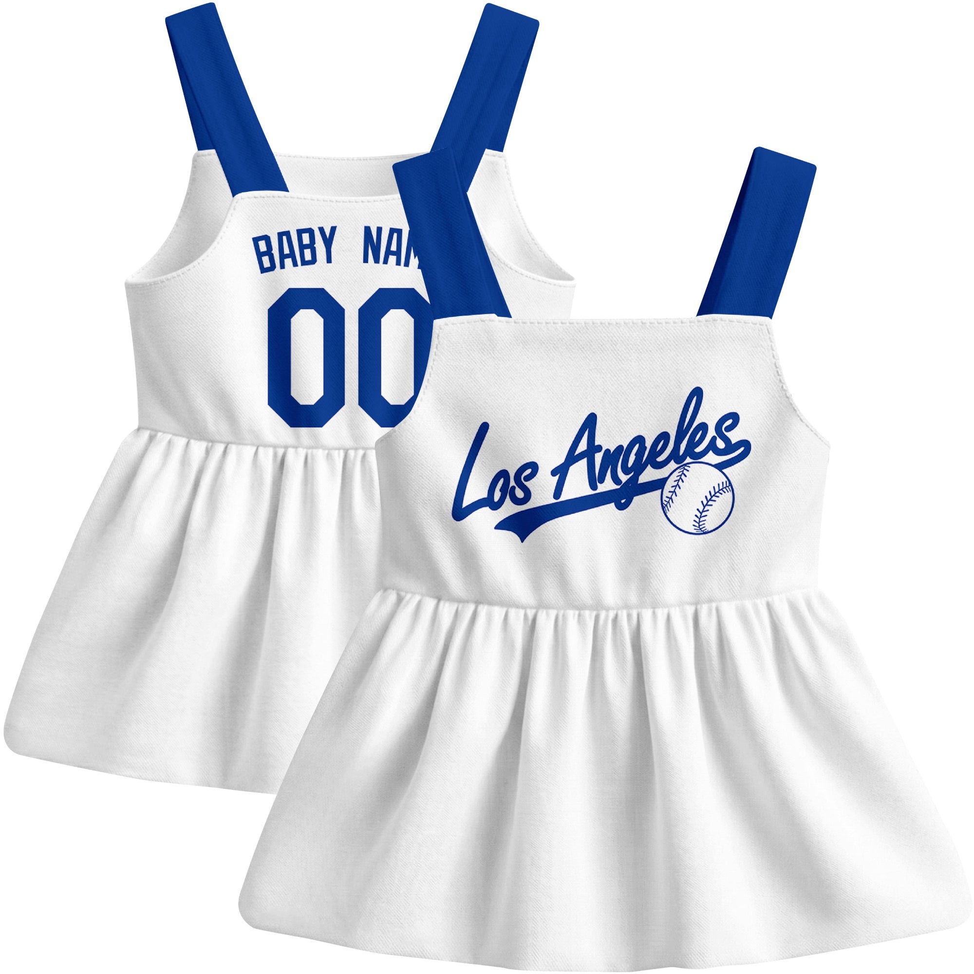 White Los Angeles-inspired baseball baby strap dress front and back view with custom name and number