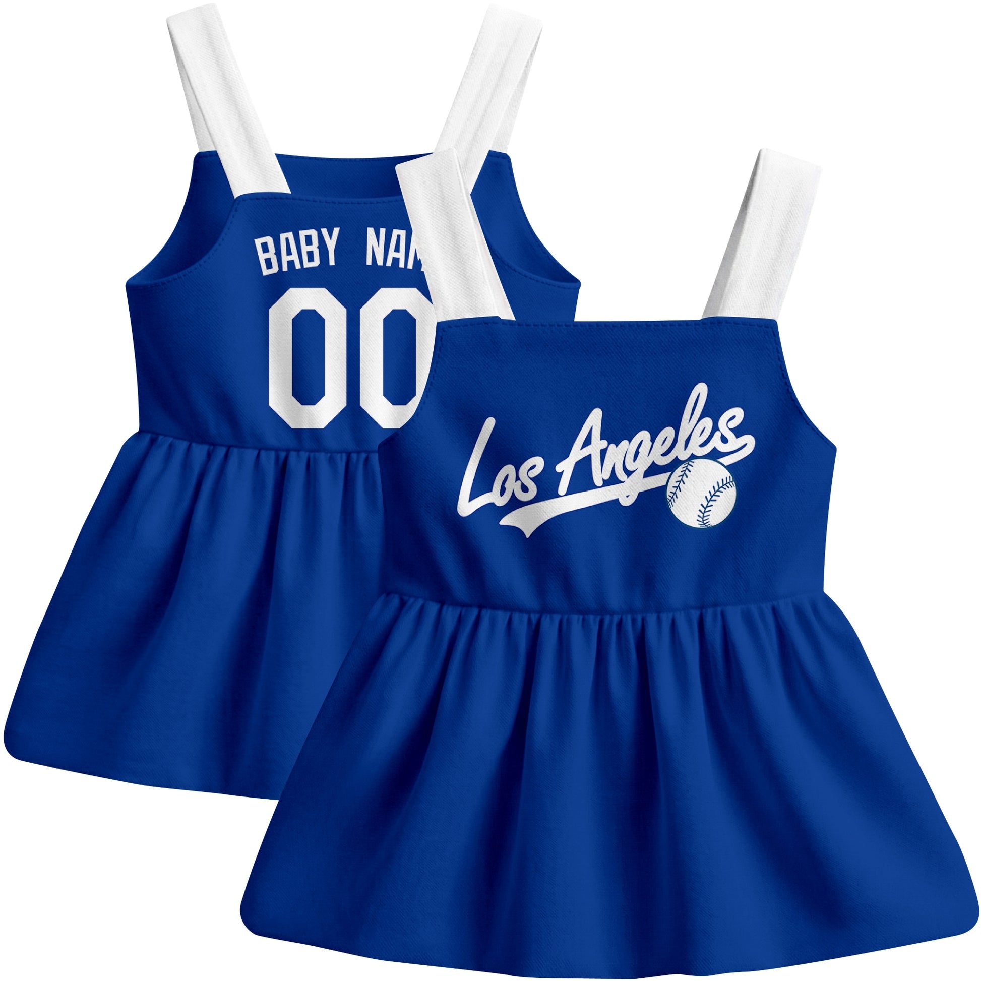Royal Los Angeles-inspired baseball baby strap dress front and back view with custom name and number