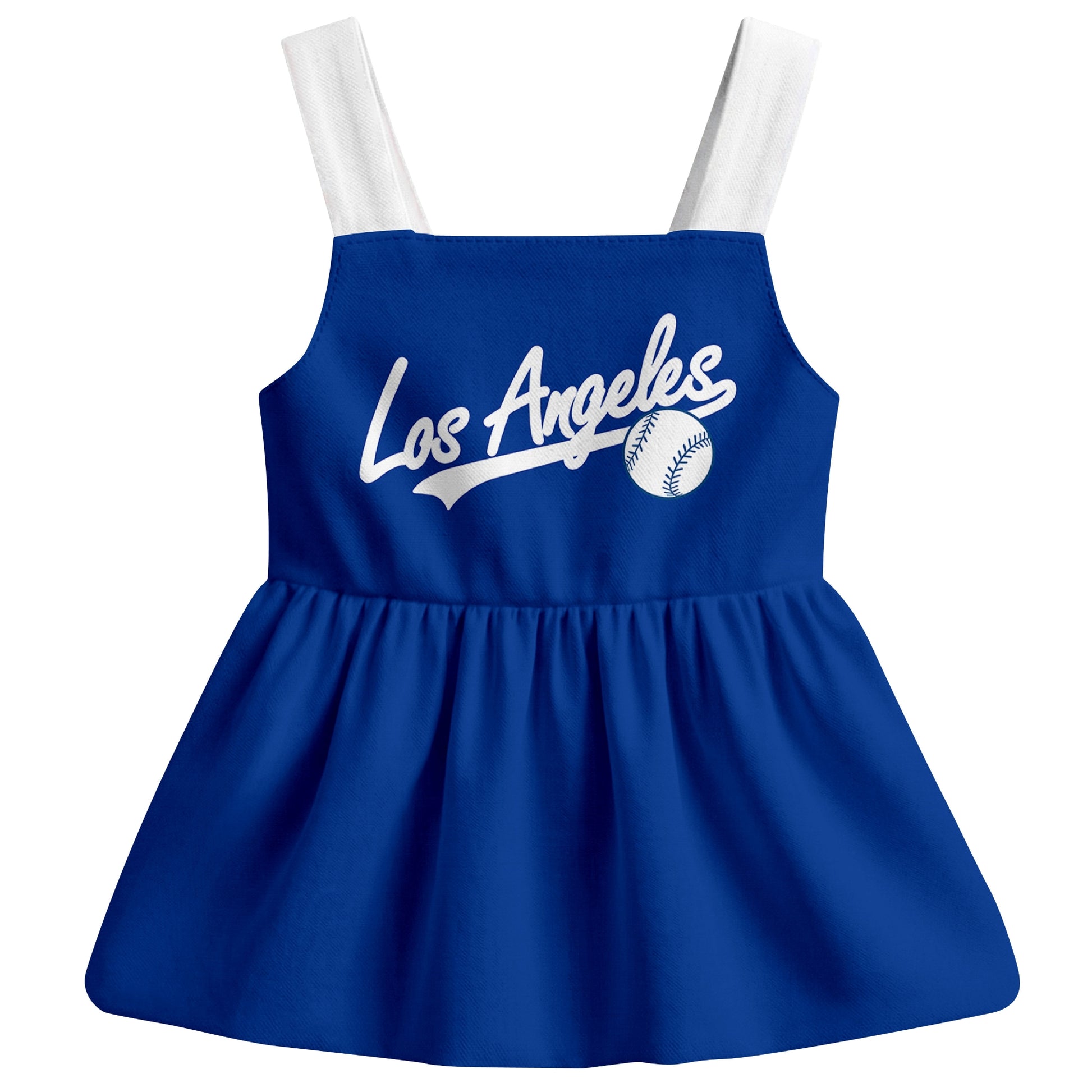 Royal Los Angeles-inspired baseball baby strap dress front view with bold baseball graphic
