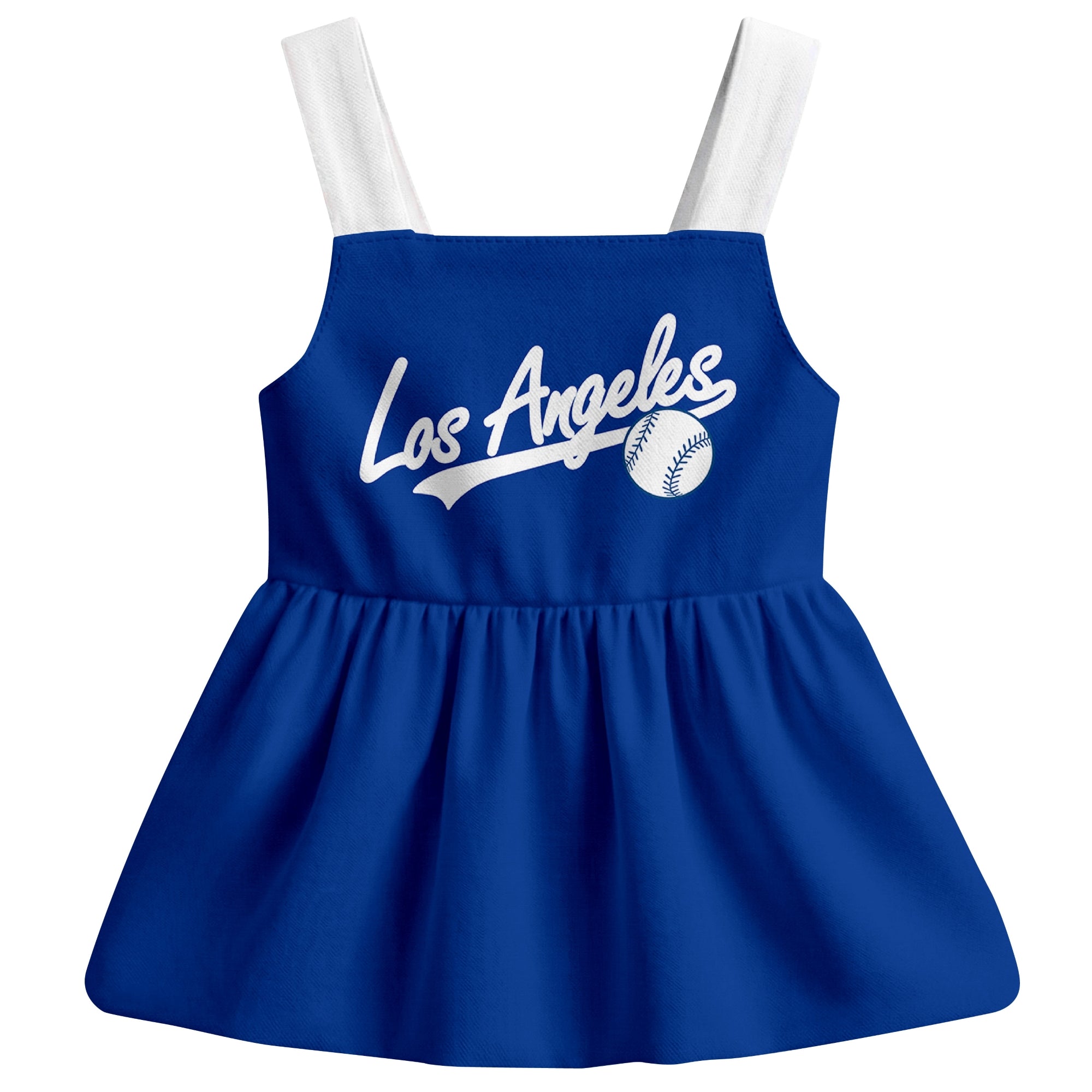 Royal Los Angeles-inspired baseball baby strap dress front view with bold baseball graphic