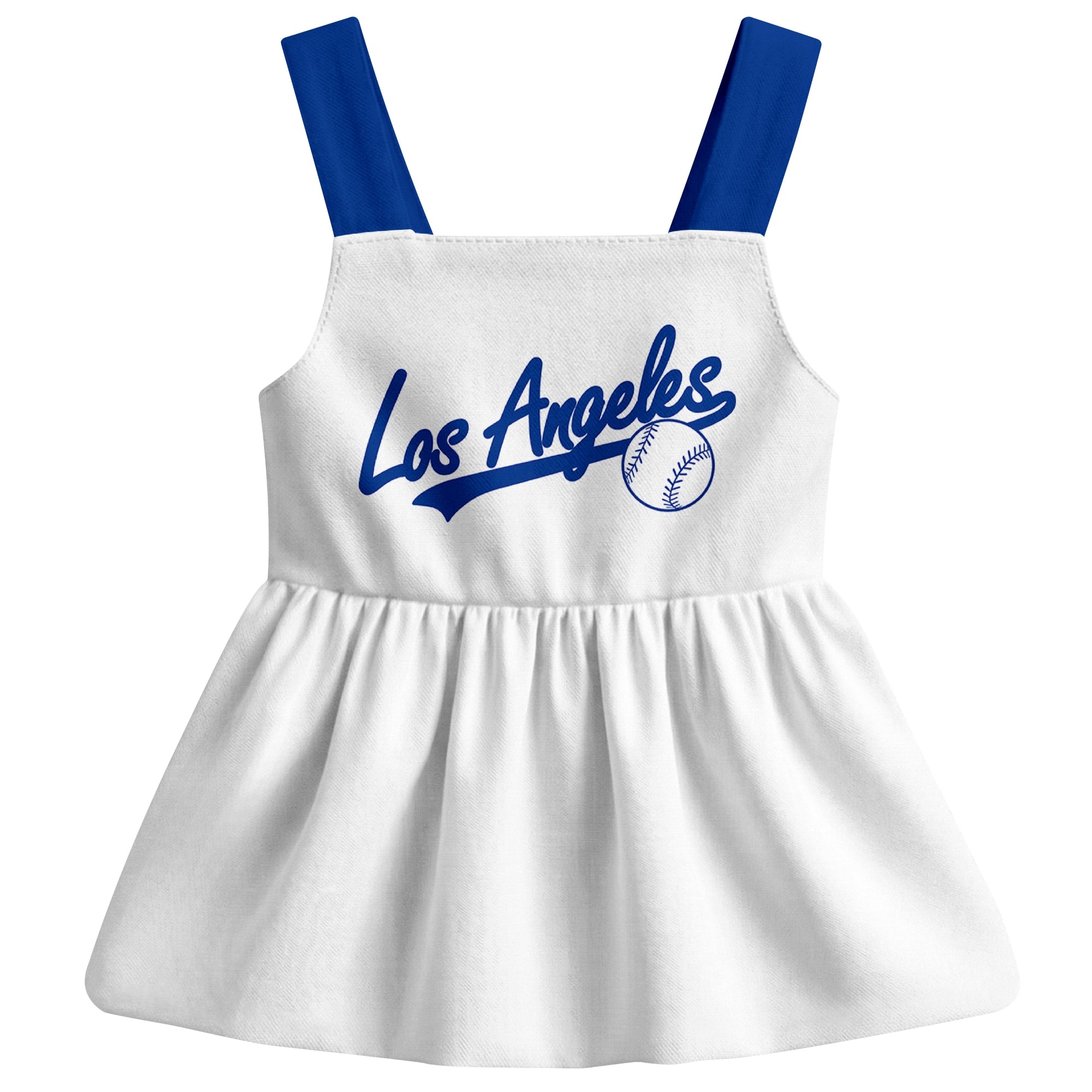 Gray Los Angeles-inspired baseball baby strap dress front view with bold baseball graphic