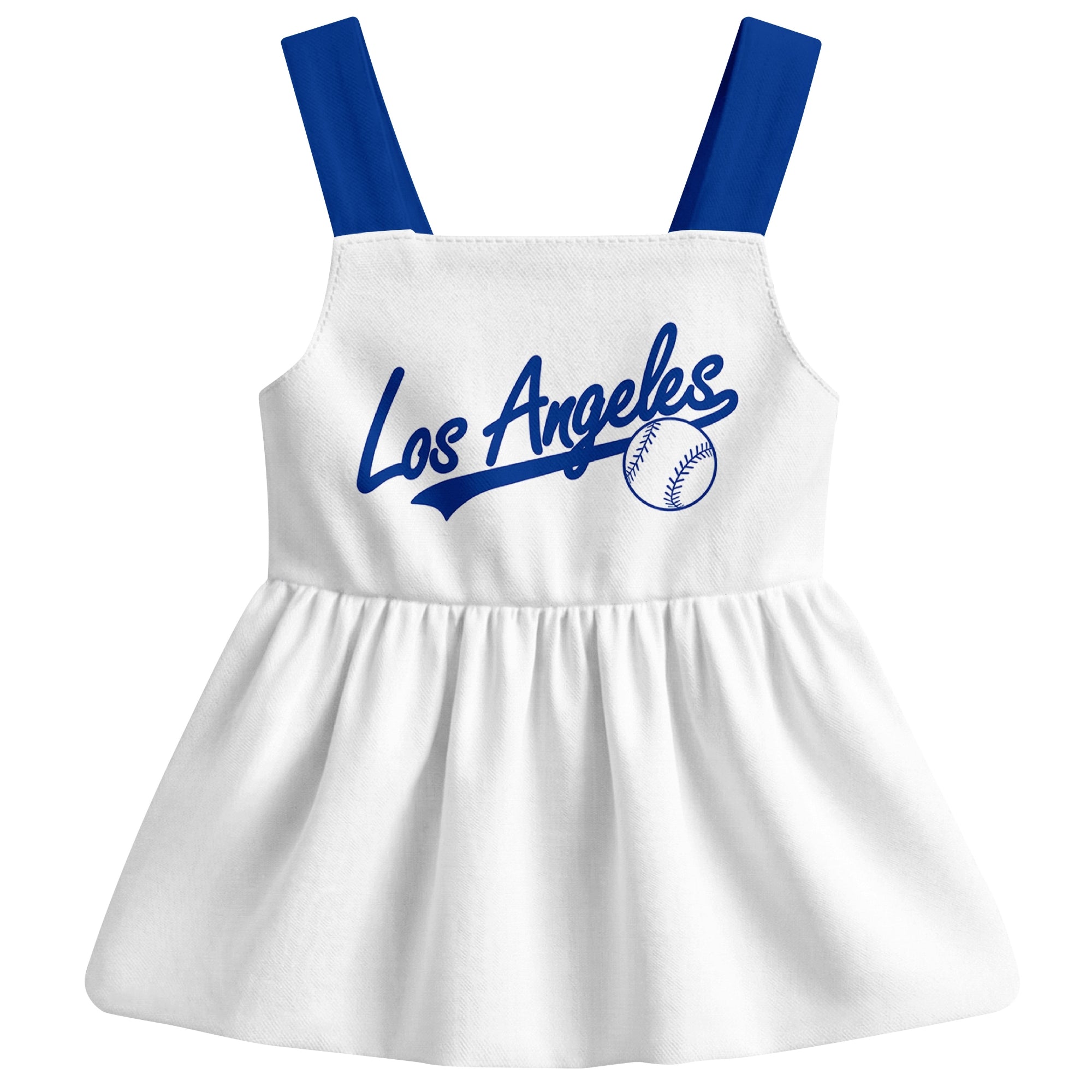 White Los Angeles-inspired baseball baby strap dress front view with bold baseball graphic
