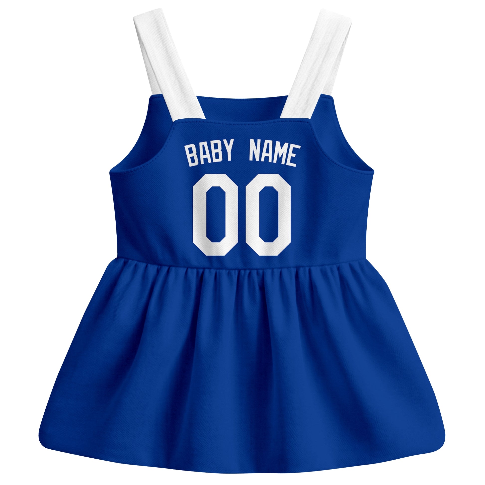 Royal Los Angeles-inspired baseball baby strap dress back view with custom baby name and number