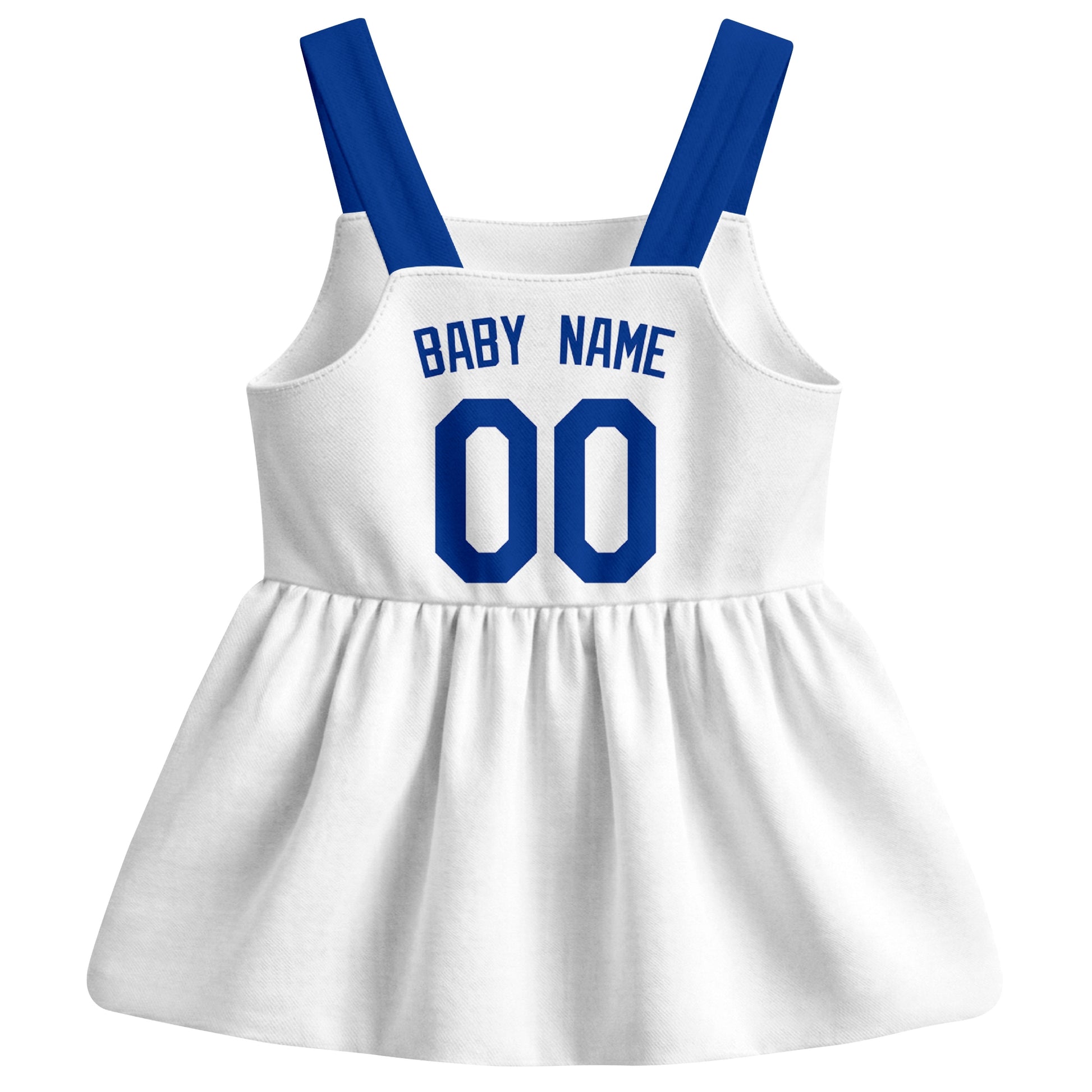 Gray Los Angeles-inspired baseball baby strap dress back view with custom baby name and number
