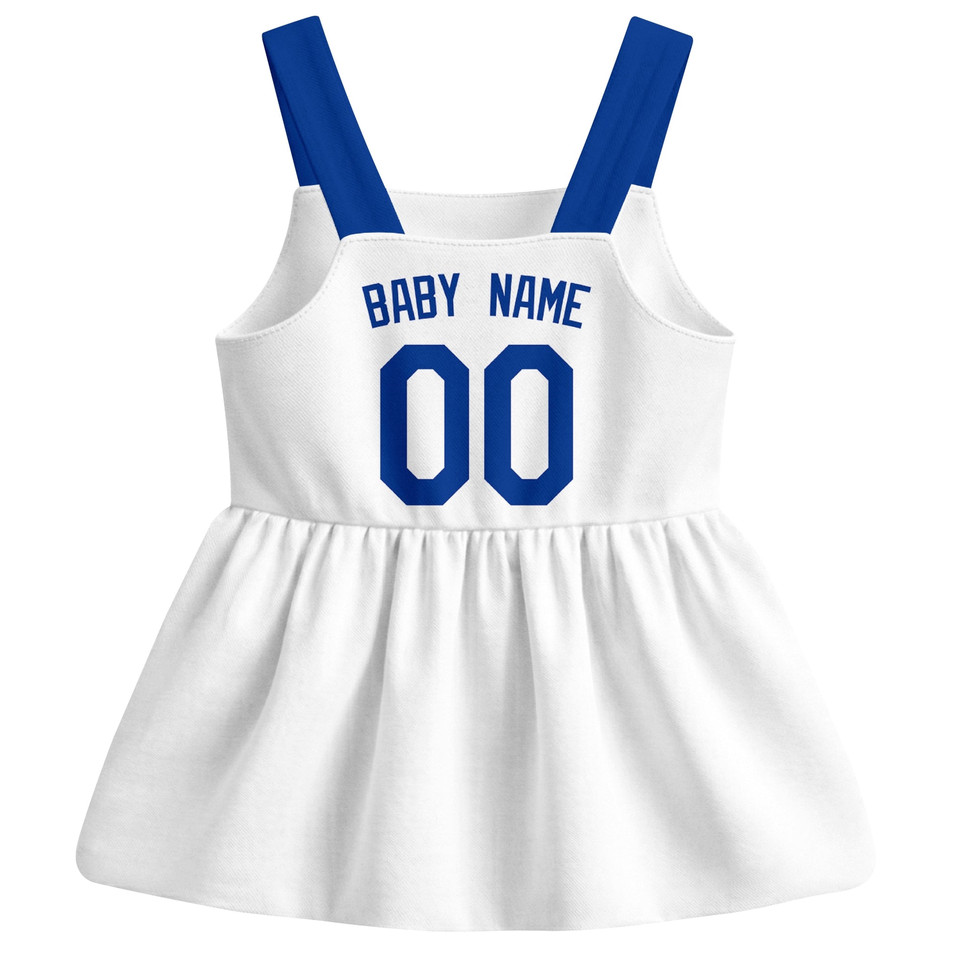White Los Angeles-inspired baseball baby strap dress back view with custom baby name and number