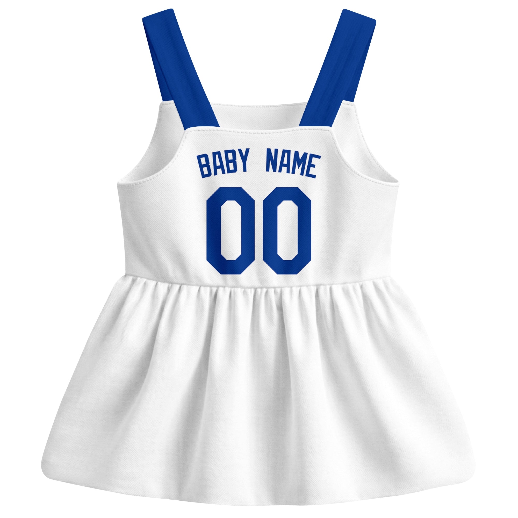 White Los Angeles-inspired baseball baby strap dress back view with custom baby name and number