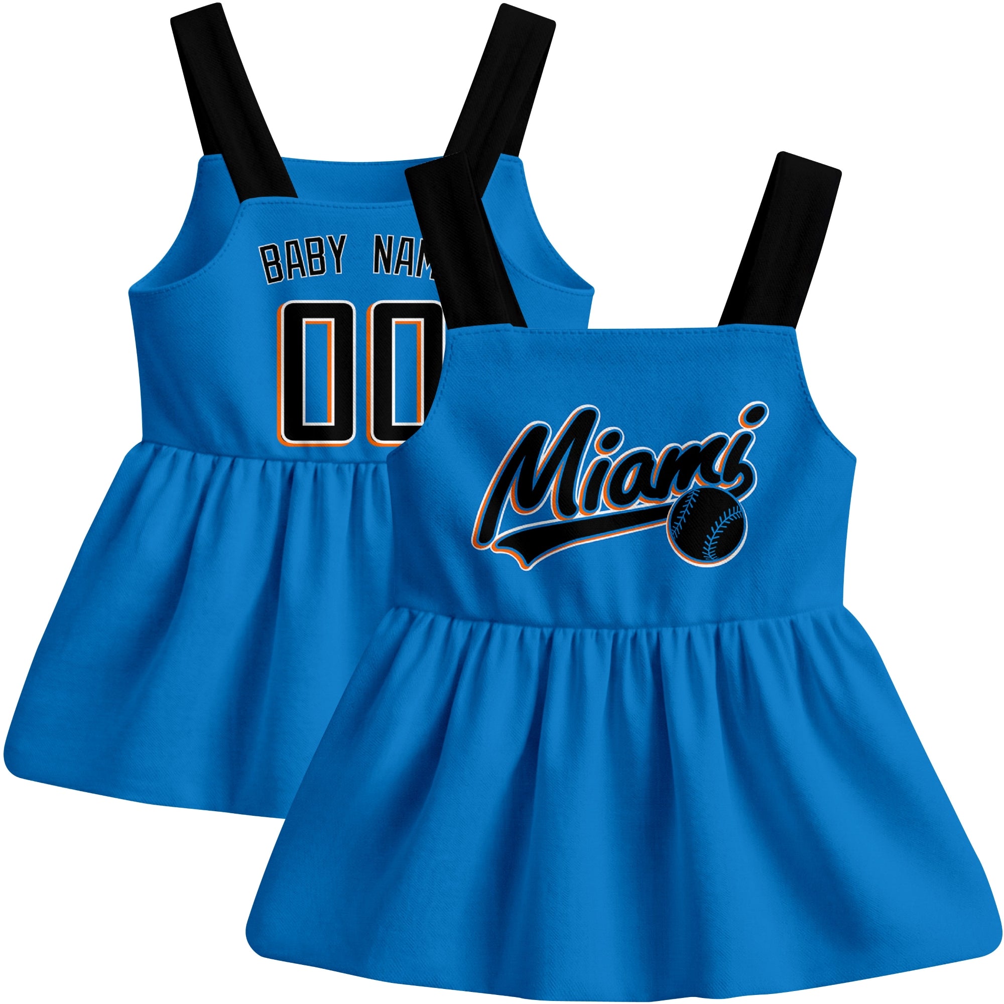 Blue Miami-inspired baseball baby strap dress front and back view with custom name and number