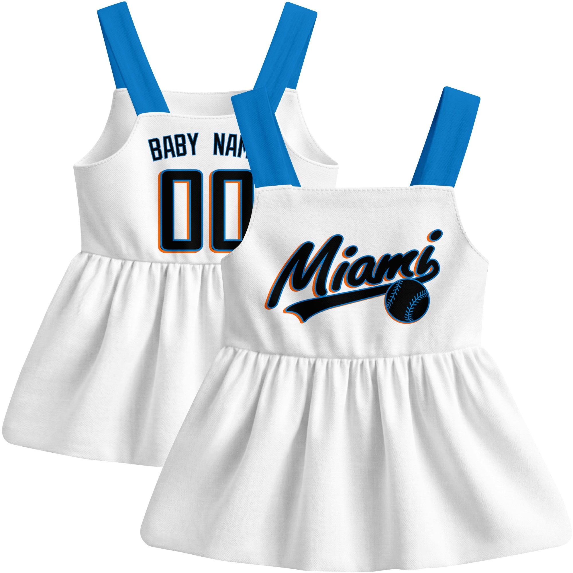 White Miami-inspired baseball baby strap dress front and back view with custom name and number