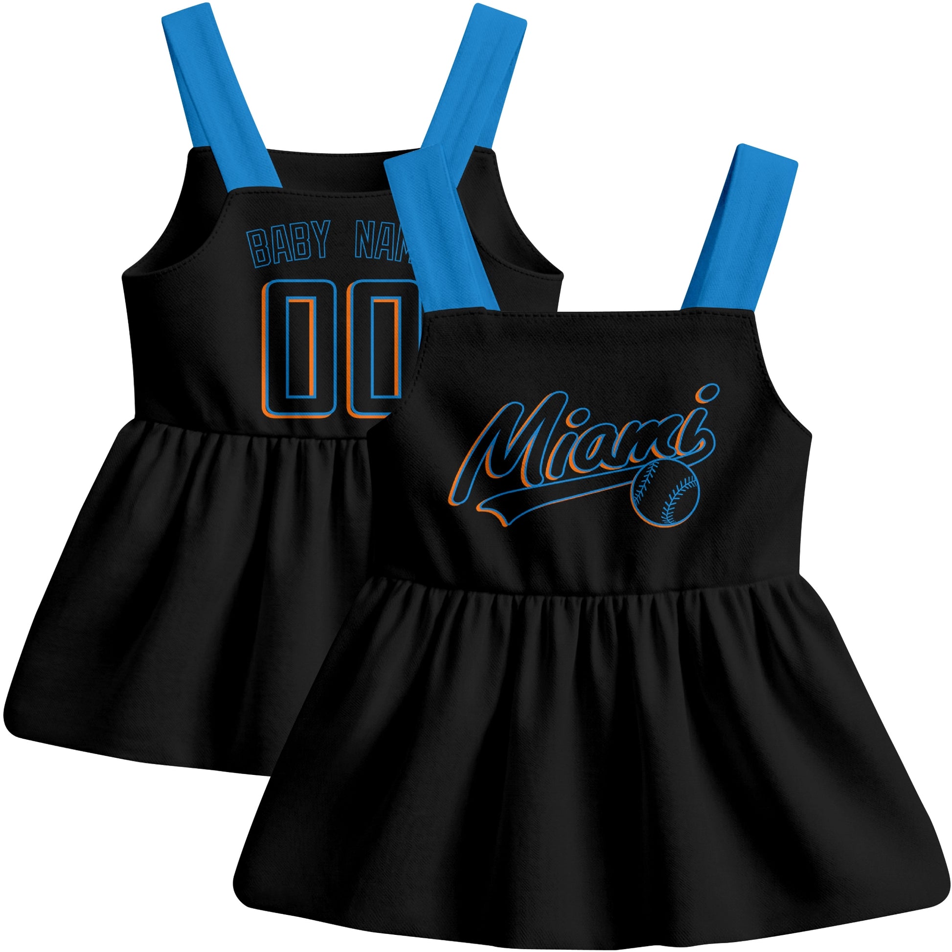 Black Miami-inspired baseball baby strap dress front and back view with custom name and number