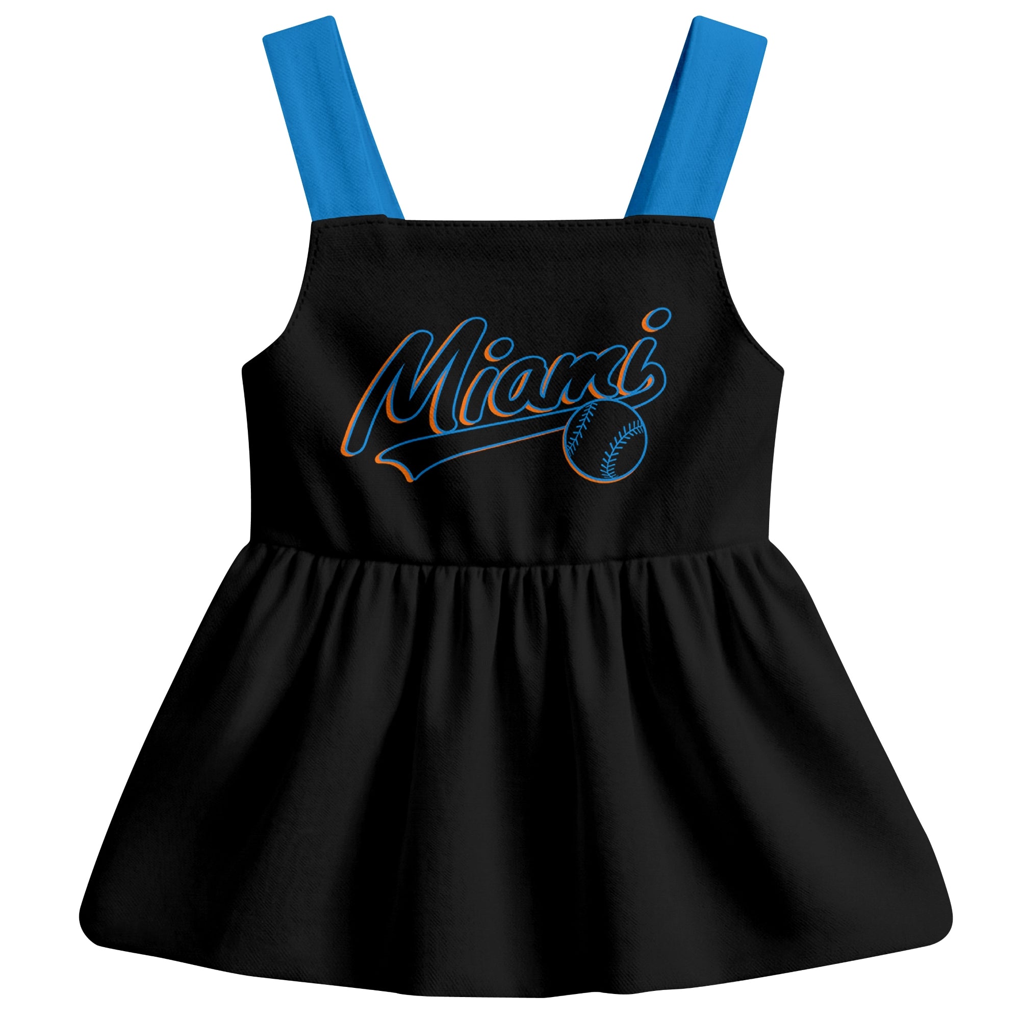 Black Miami-inspired baseball baby strap dress front view with bold baseball graphic